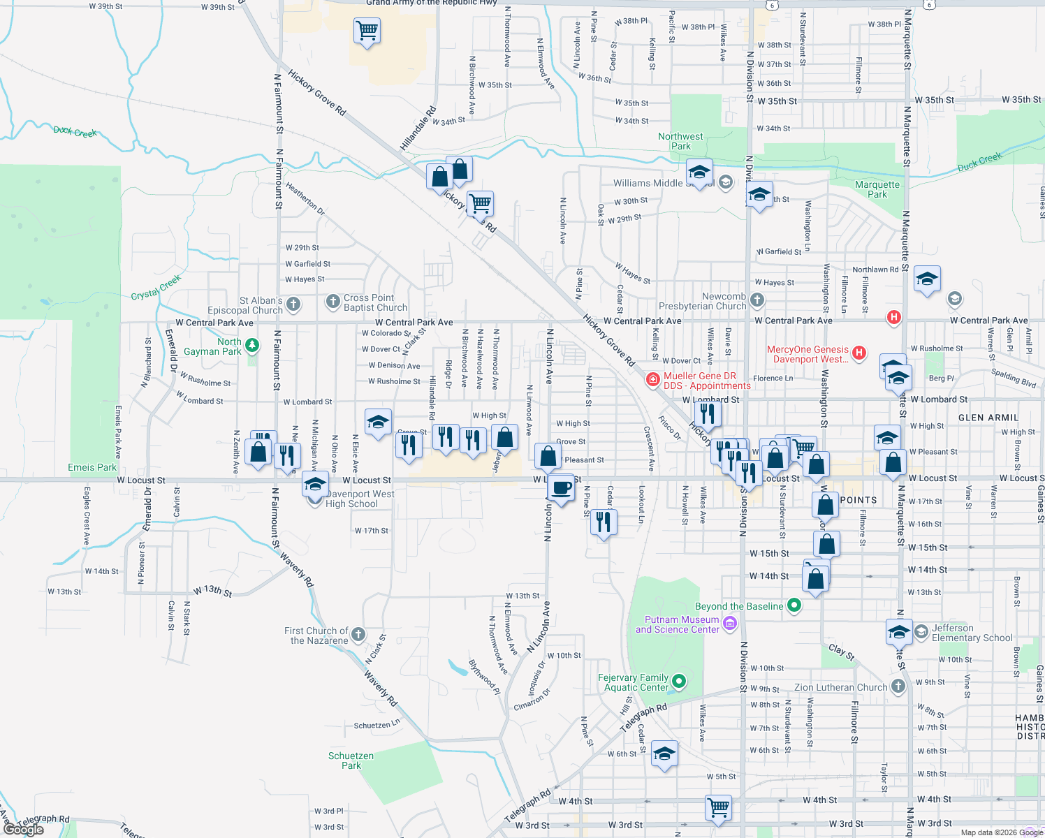 map of restaurants, bars, coffee shops, grocery stores, and more near 2108 N Linwood Ave in Davenport