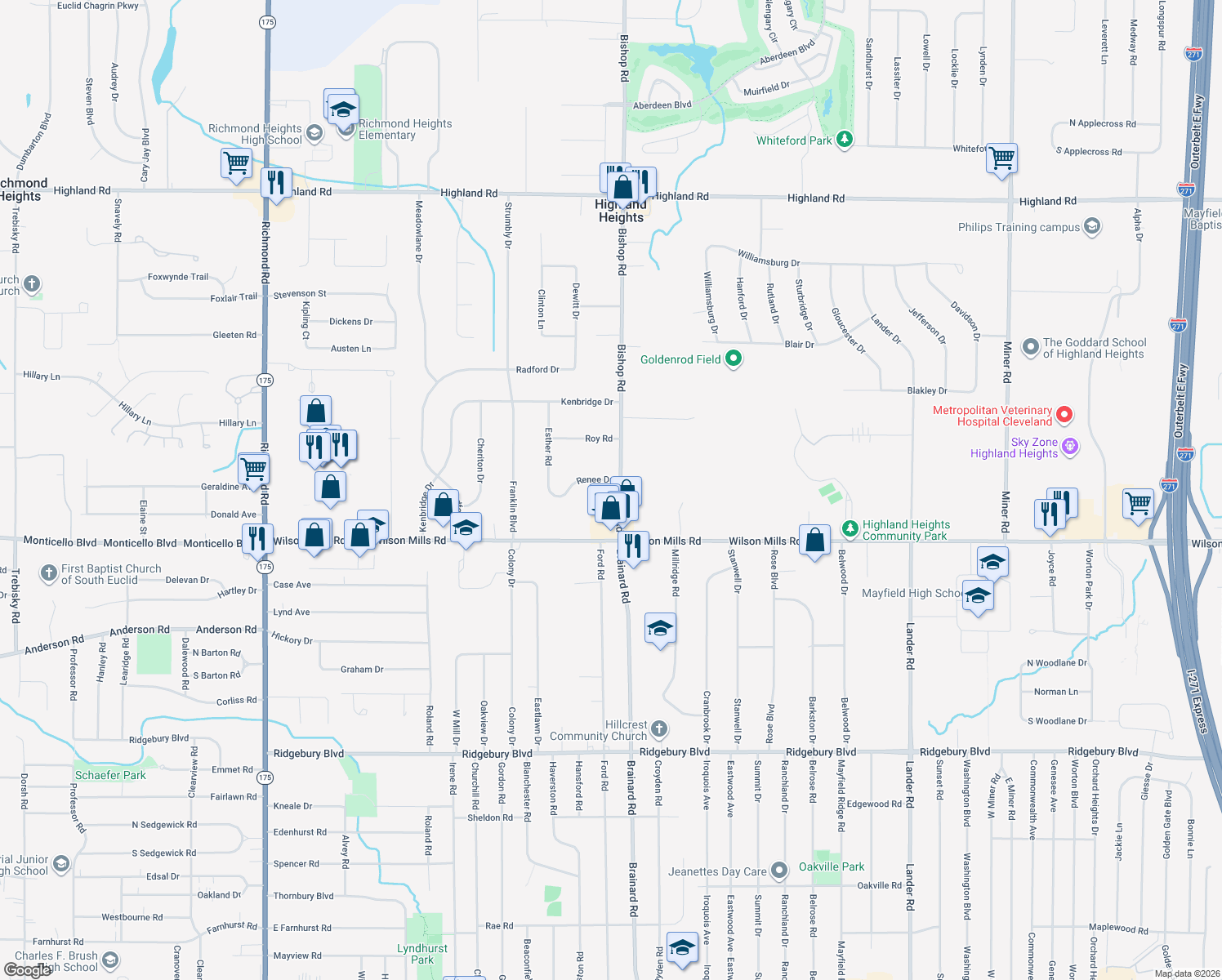 map of restaurants, bars, coffee shops, grocery stores, and more near 766 Bishop Rd in Highland Heights