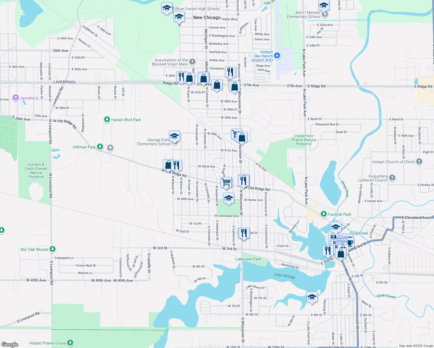 map of restaurants, bars, coffee shops, grocery stores, and more near 227 N Delaware St in Hobart
