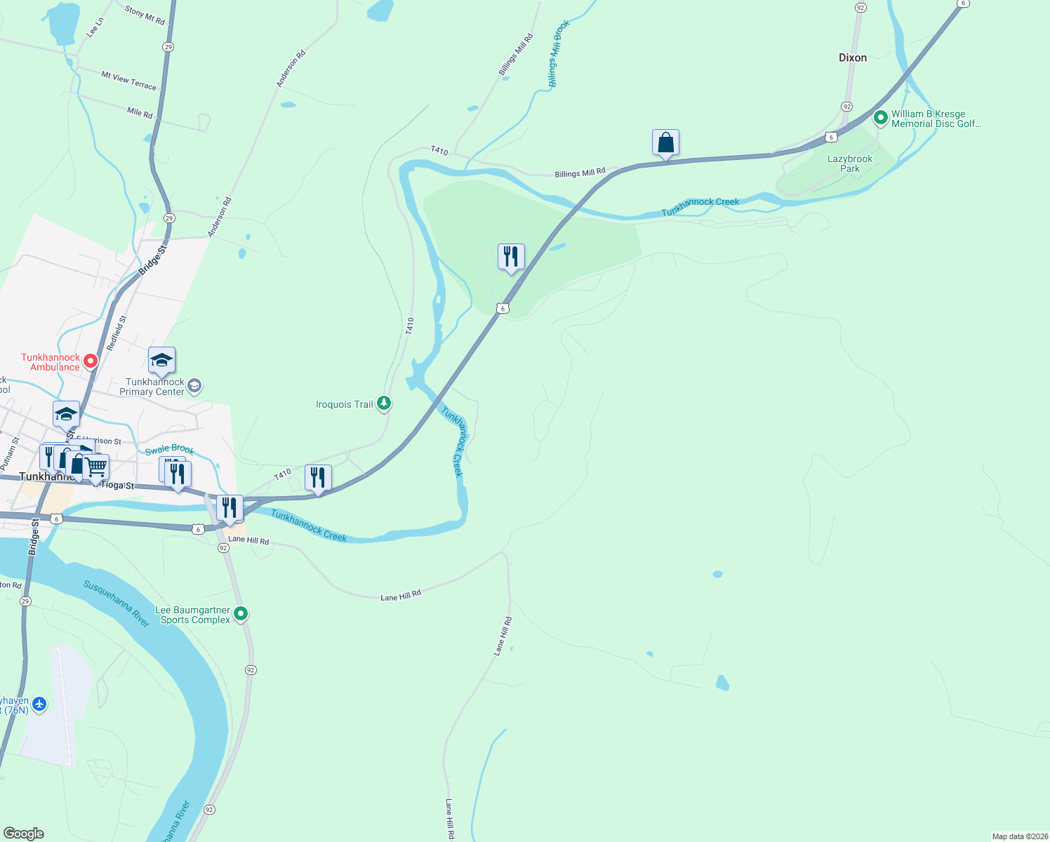 map of restaurants, bars, coffee shops, grocery stores, and more near 25 Vista Dr in Tunkhannock