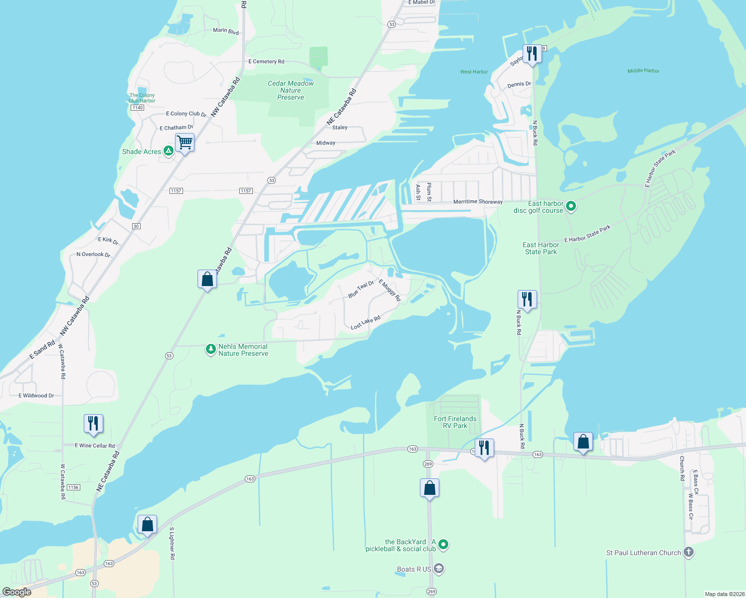 map of restaurants, bars, coffee shops, grocery stores, and more near 1185 Catawba Bay Drive in Port Clinton