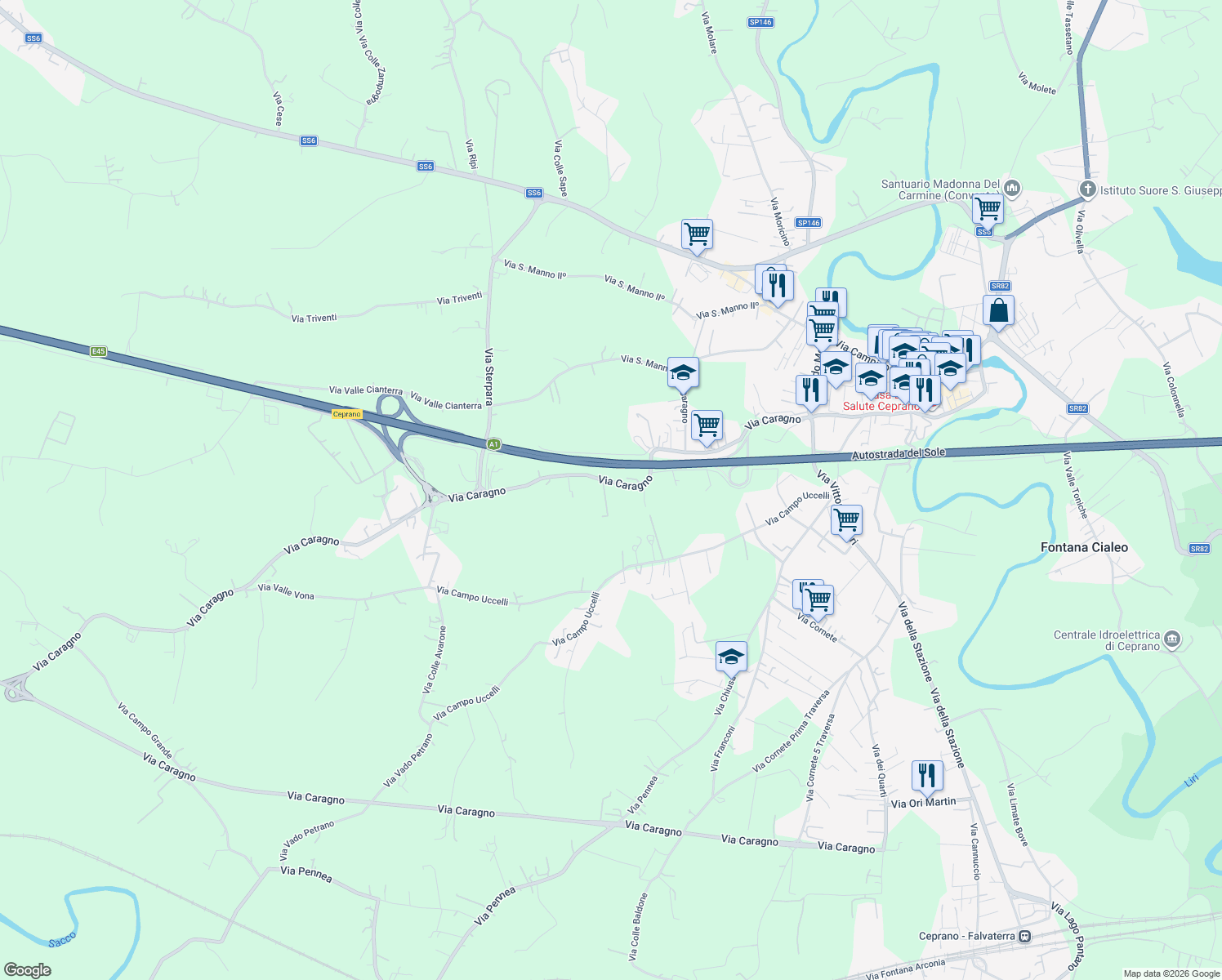 map of restaurants, bars, coffee shops, grocery stores, and more near 53 Via Caragno in Ceprano