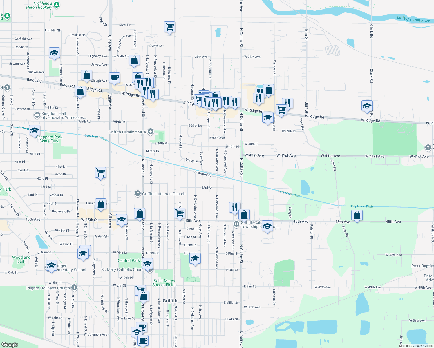 map of restaurants, bars, coffee shops, grocery stores, and more near 998 East Lawndale Drive in Griffith