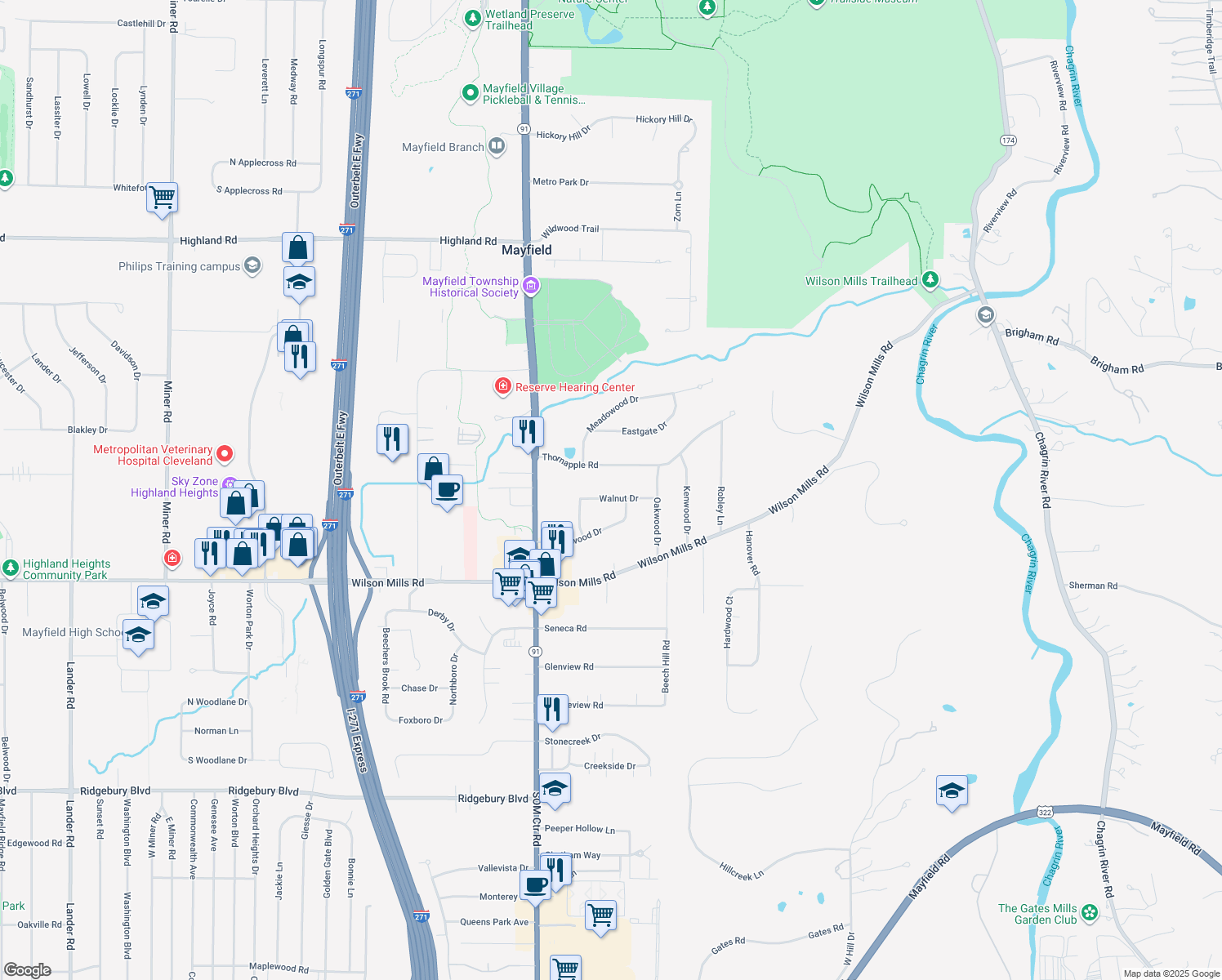 map of restaurants, bars, coffee shops, grocery stores, and more near 6743 Walnut Drive in Gates Mills