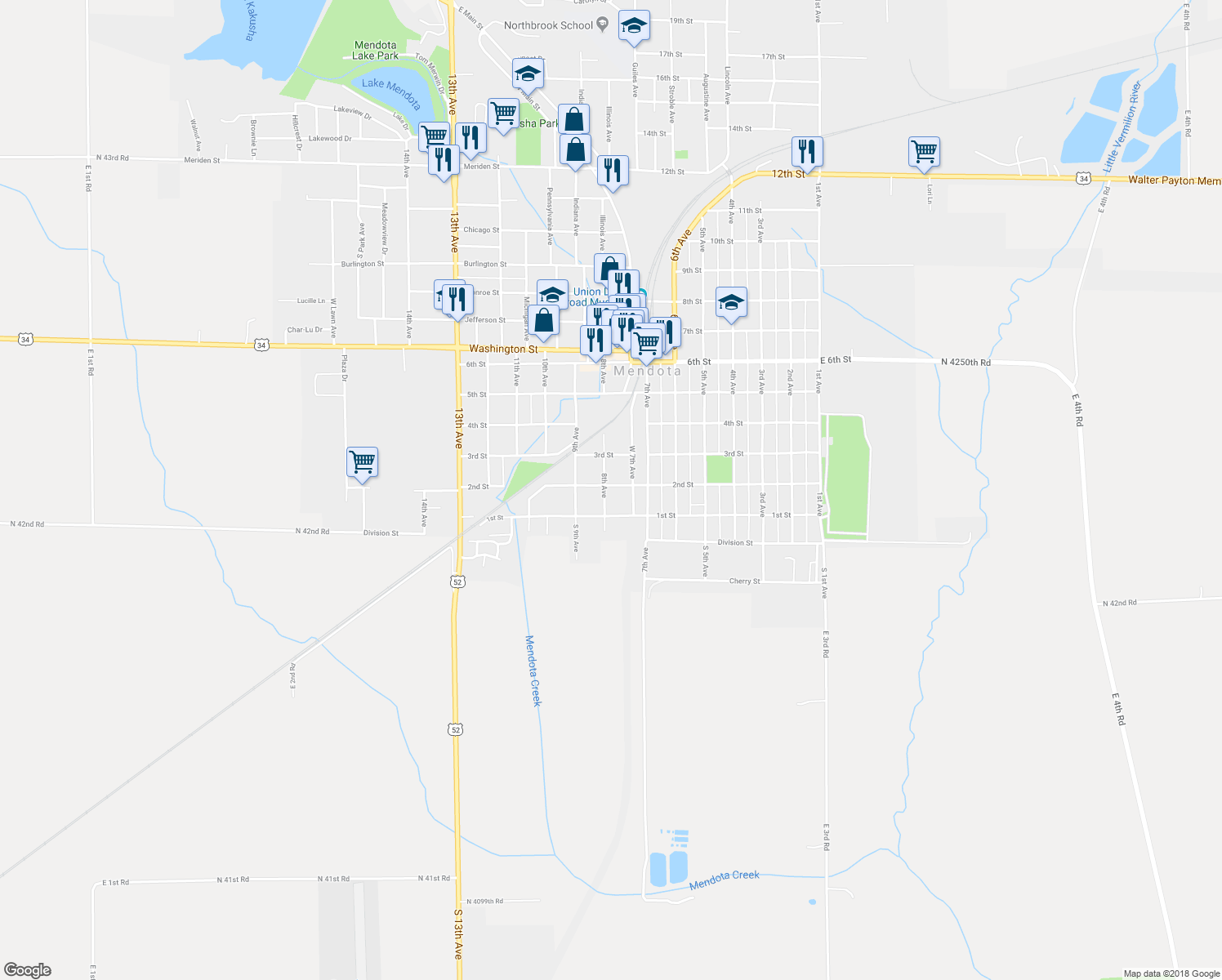 map of restaurants, bars, coffee shops, grocery stores, and more near 211 8th Avenue in Mendota