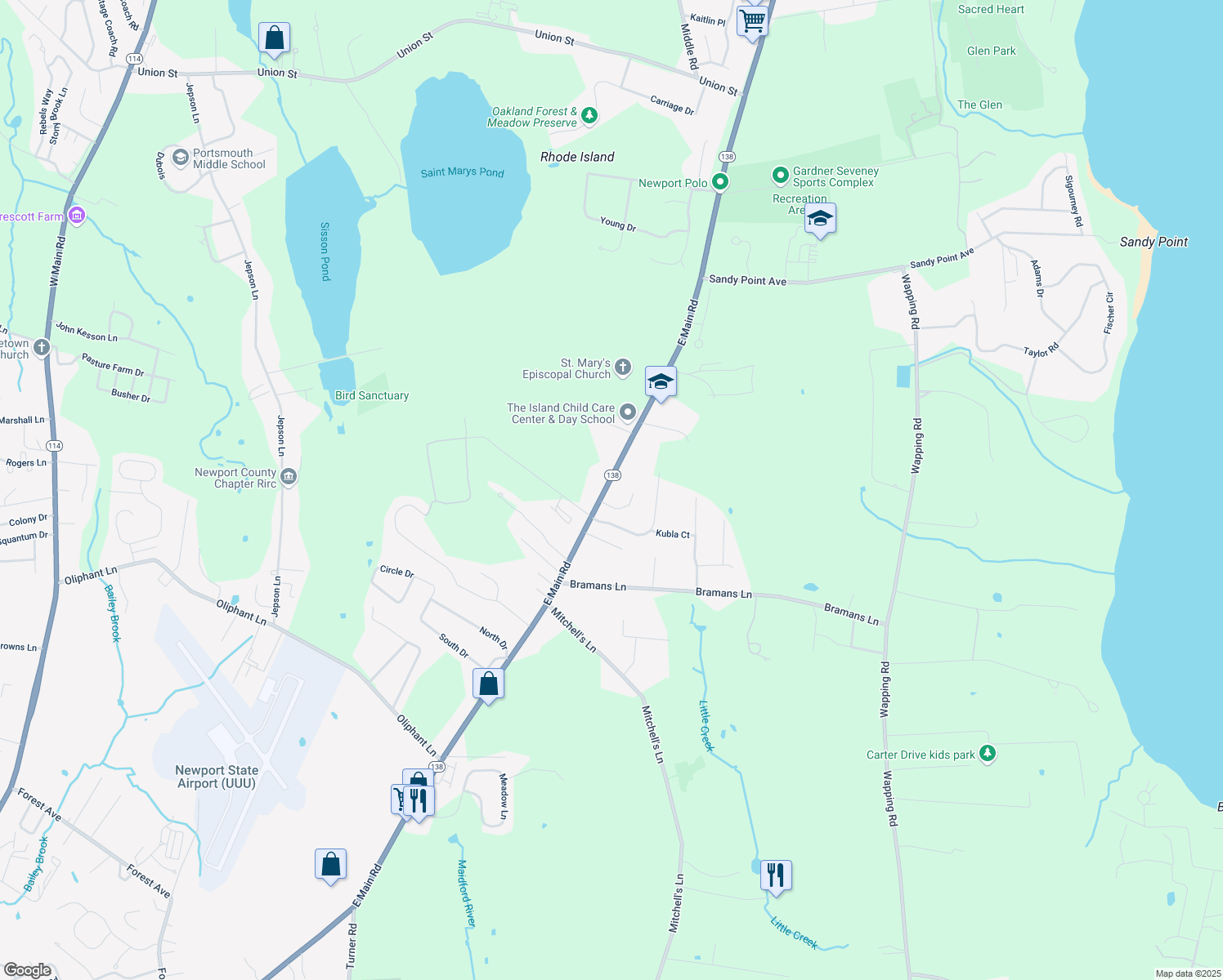 map of restaurants, bars, coffee shops, grocery stores, and more near 181 E Main Rd in Portsmouth