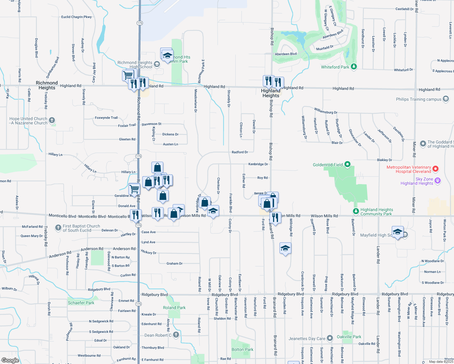 map of restaurants, bars, coffee shops, grocery stores, and more near 738 Franklin Boulevard in Highland Heights