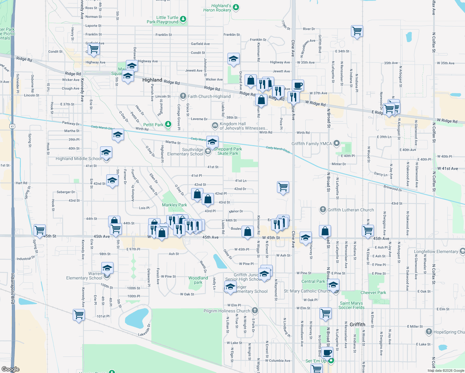 map of restaurants, bars, coffee shops, grocery stores, and more near 3627 42nd Drive in Highland