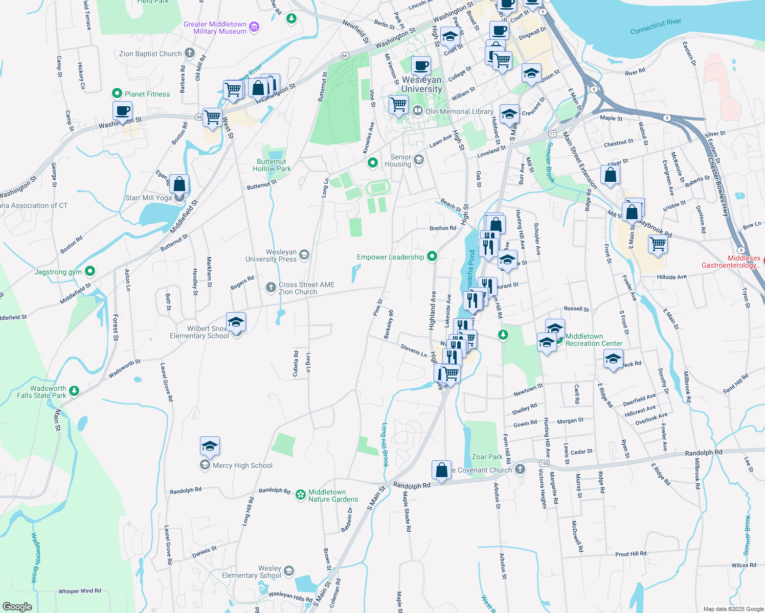 map of restaurants, bars, coffee shops, grocery stores, and more near 91 Berkeley Rd in Middletown