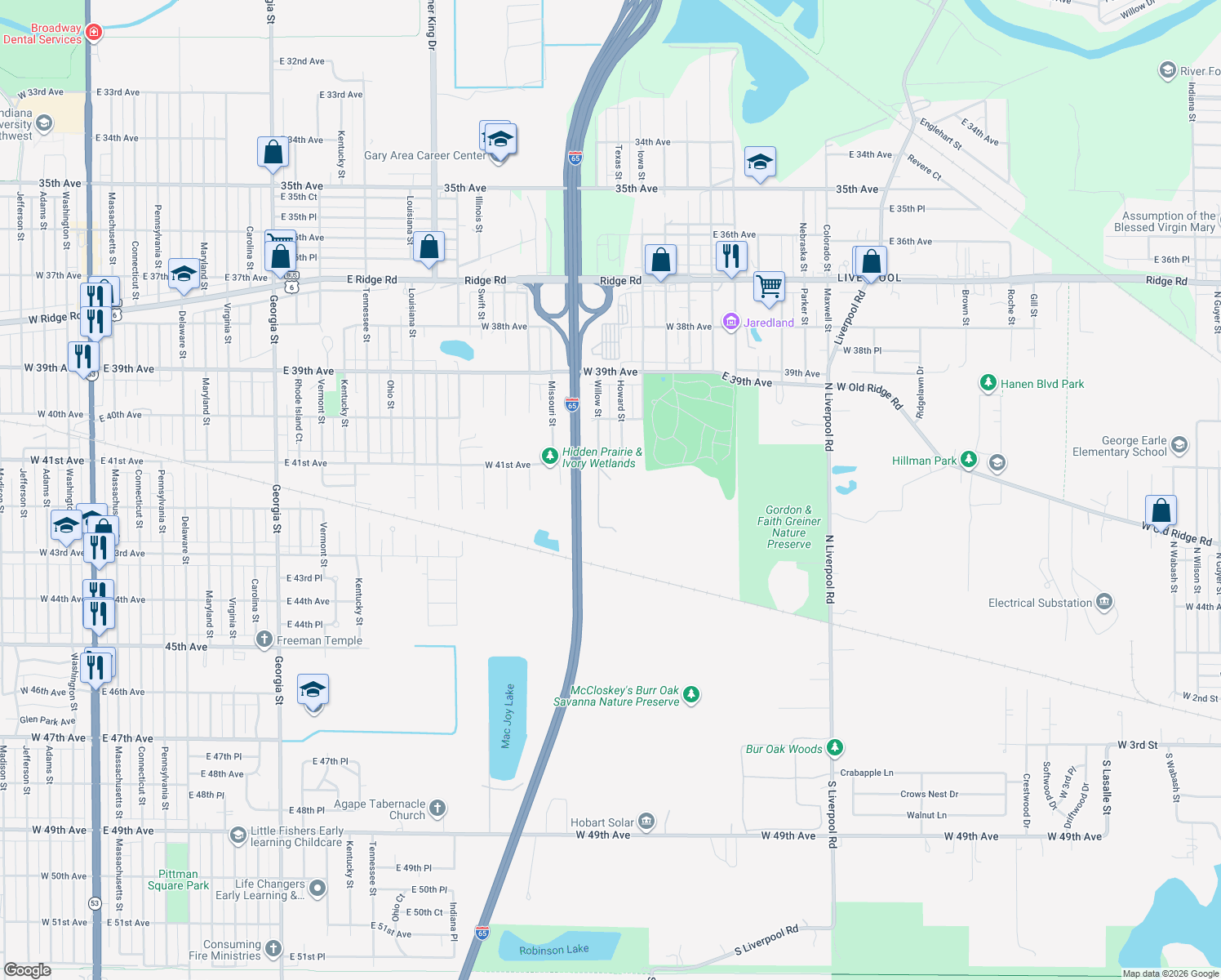 map of restaurants, bars, coffee shops, grocery stores, and more near 4100 Howard Street in Hobart