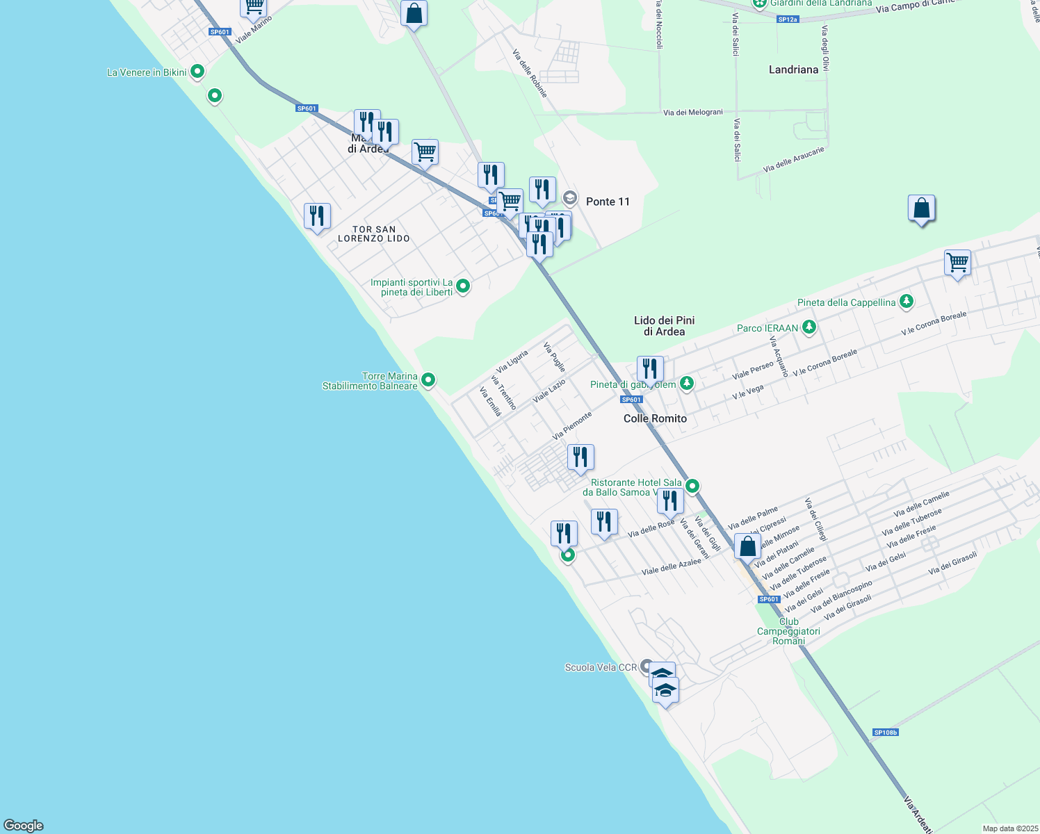 map of restaurants, bars, coffee shops, grocery stores, and more near 34 Viale Lazio in Marina di Ardea
