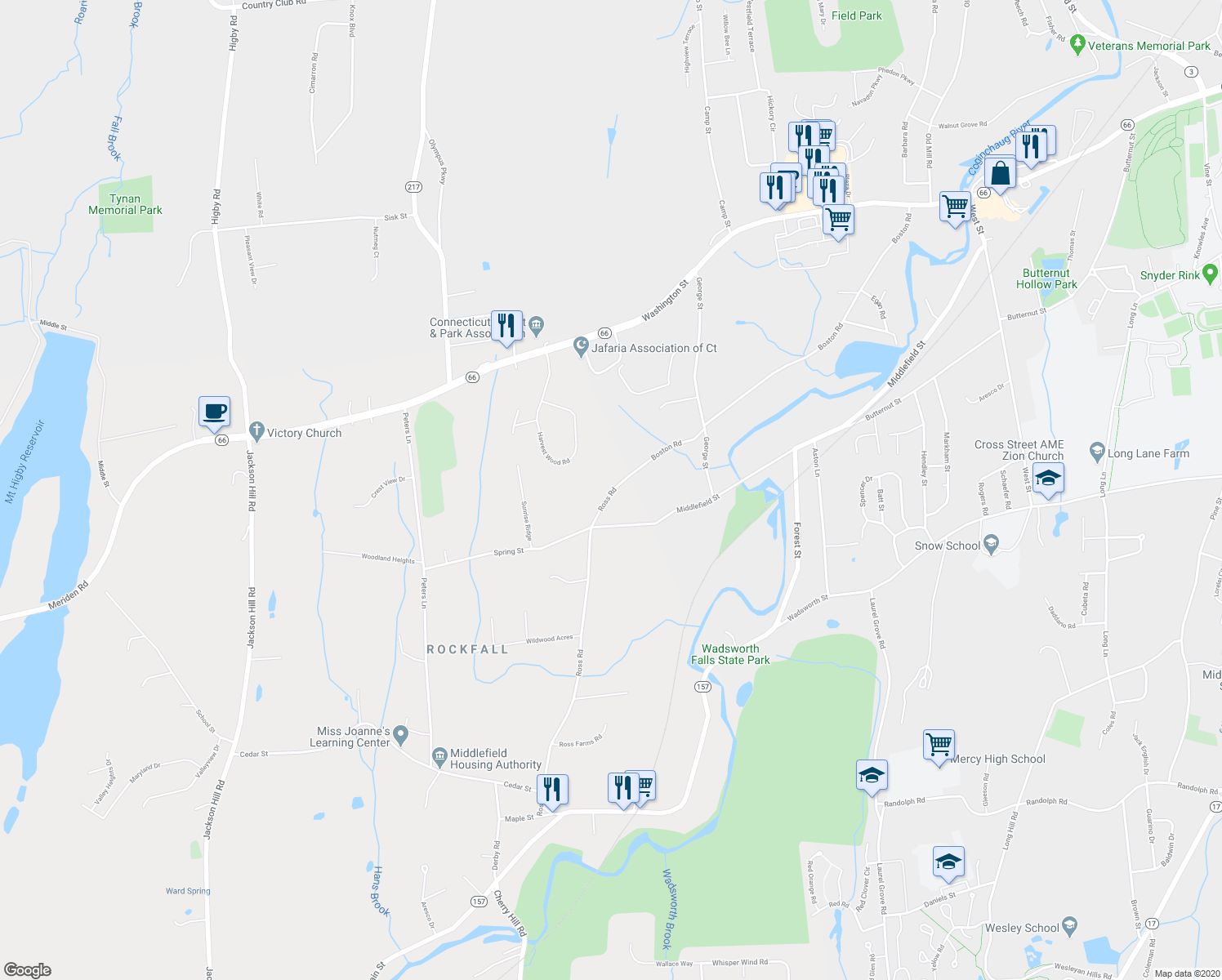 map of restaurants, bars, coffee shops, grocery stores, and more near 12 Ross Road in Middlefield