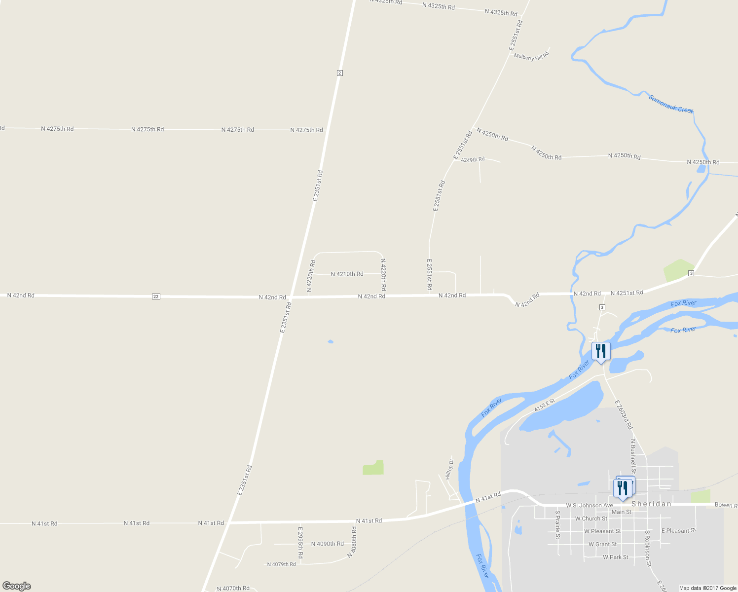 map of restaurants, bars, coffee shops, grocery stores, and more near 2431 North 42nd Road in Sheridan