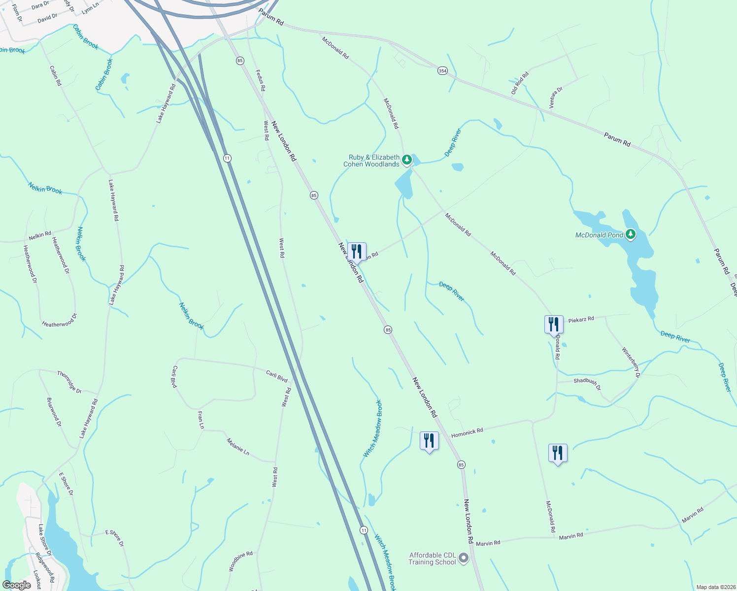 map of restaurants, bars, coffee shops, grocery stores, and more near 338 New London Road in Colchester