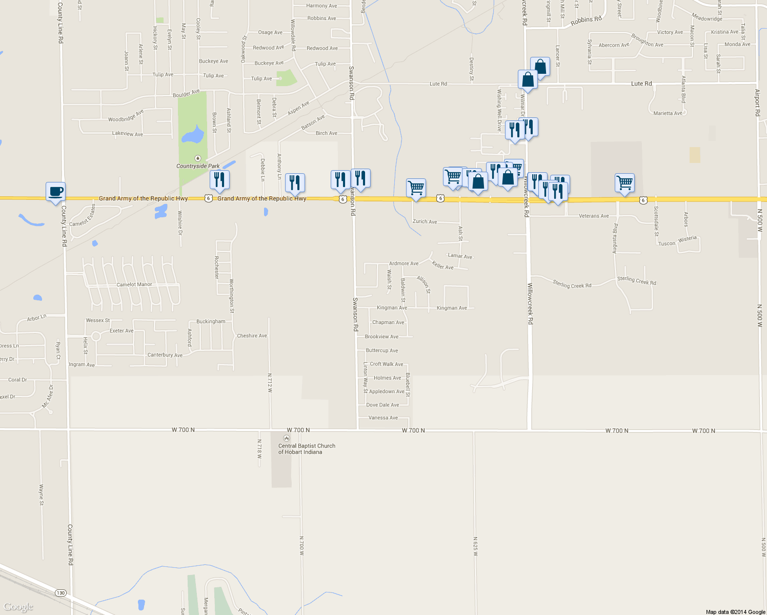 map of restaurants, bars, coffee shops, grocery stores, and more near 5704 Kingman Ave in Portage