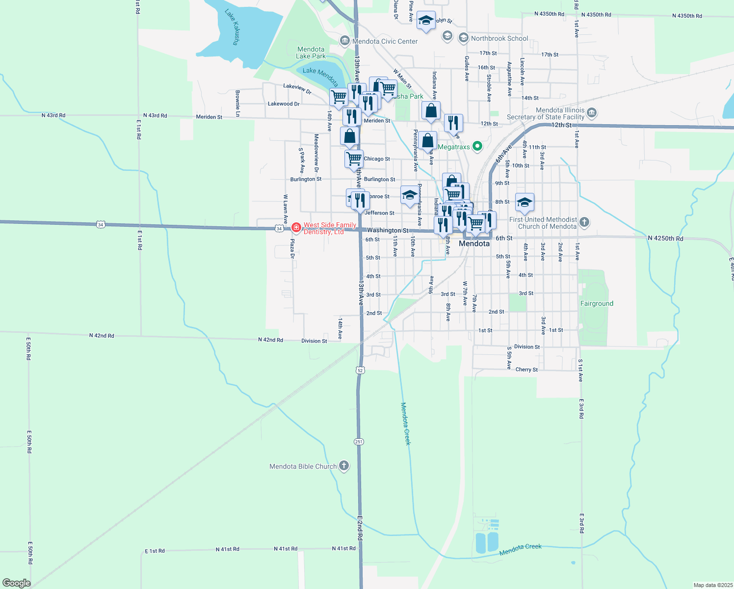 map of restaurants, bars, coffee shops, grocery stores, and more near 1204 3rd Street in Mendota