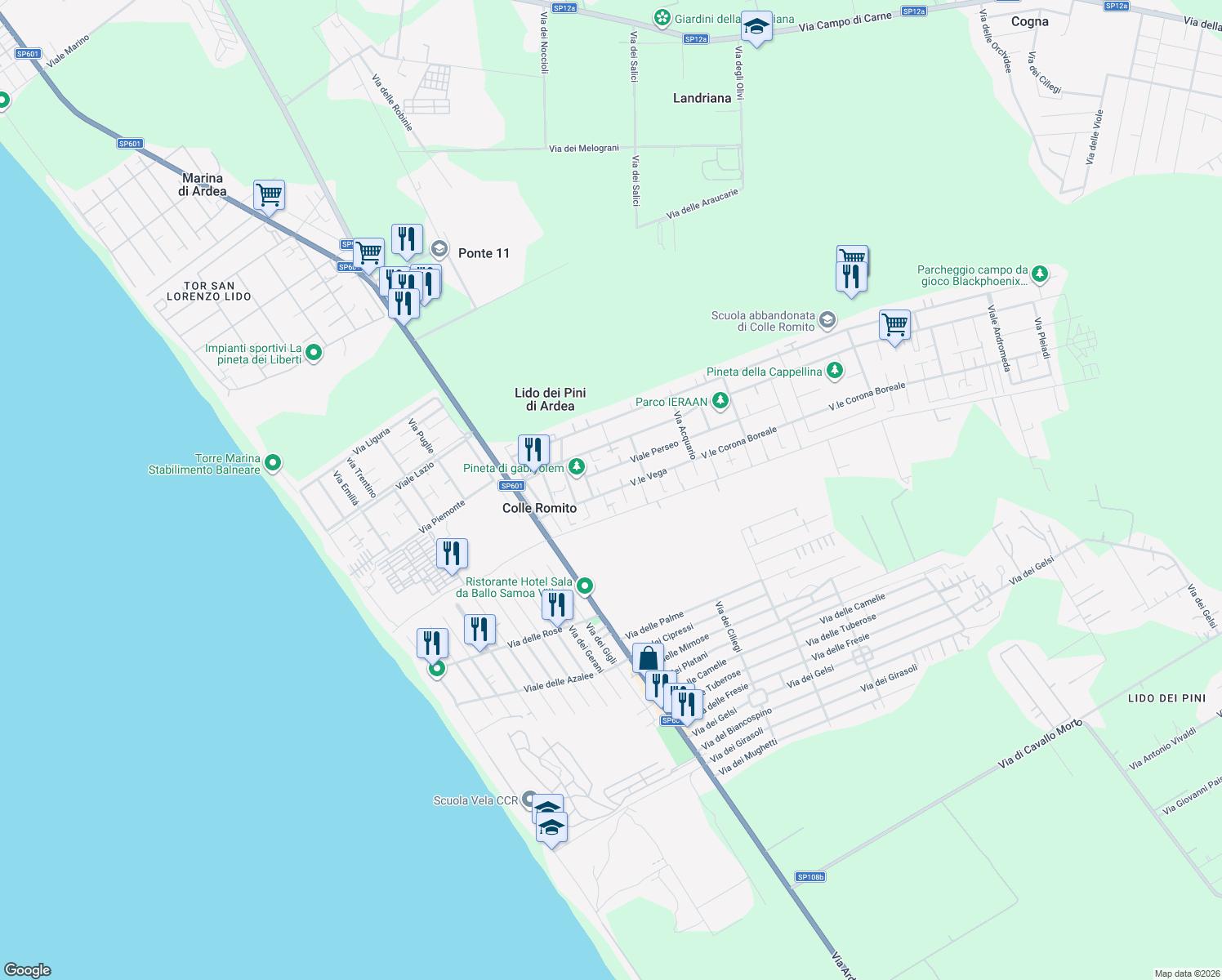 map of restaurants, bars, coffee shops, grocery stores, and more near 5 Viale Vega in Marina di Ardea