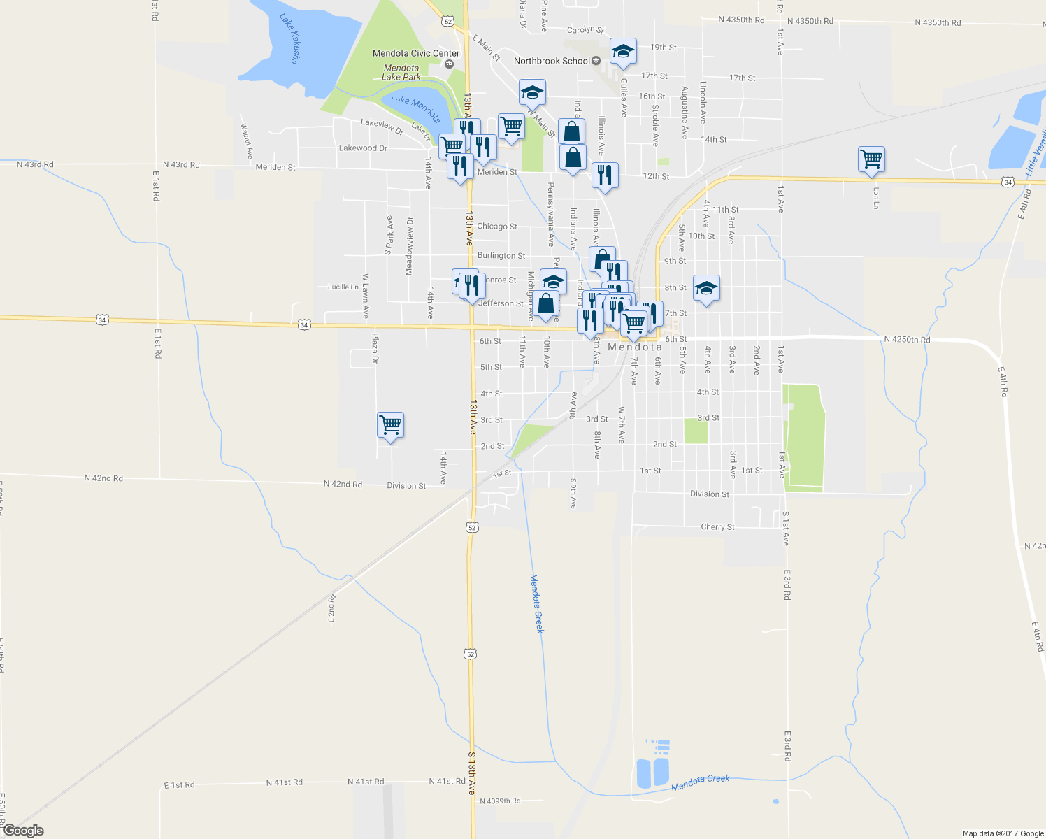 map of restaurants, bars, coffee shops, grocery stores, and more near 401 11th Avenue in Mendota