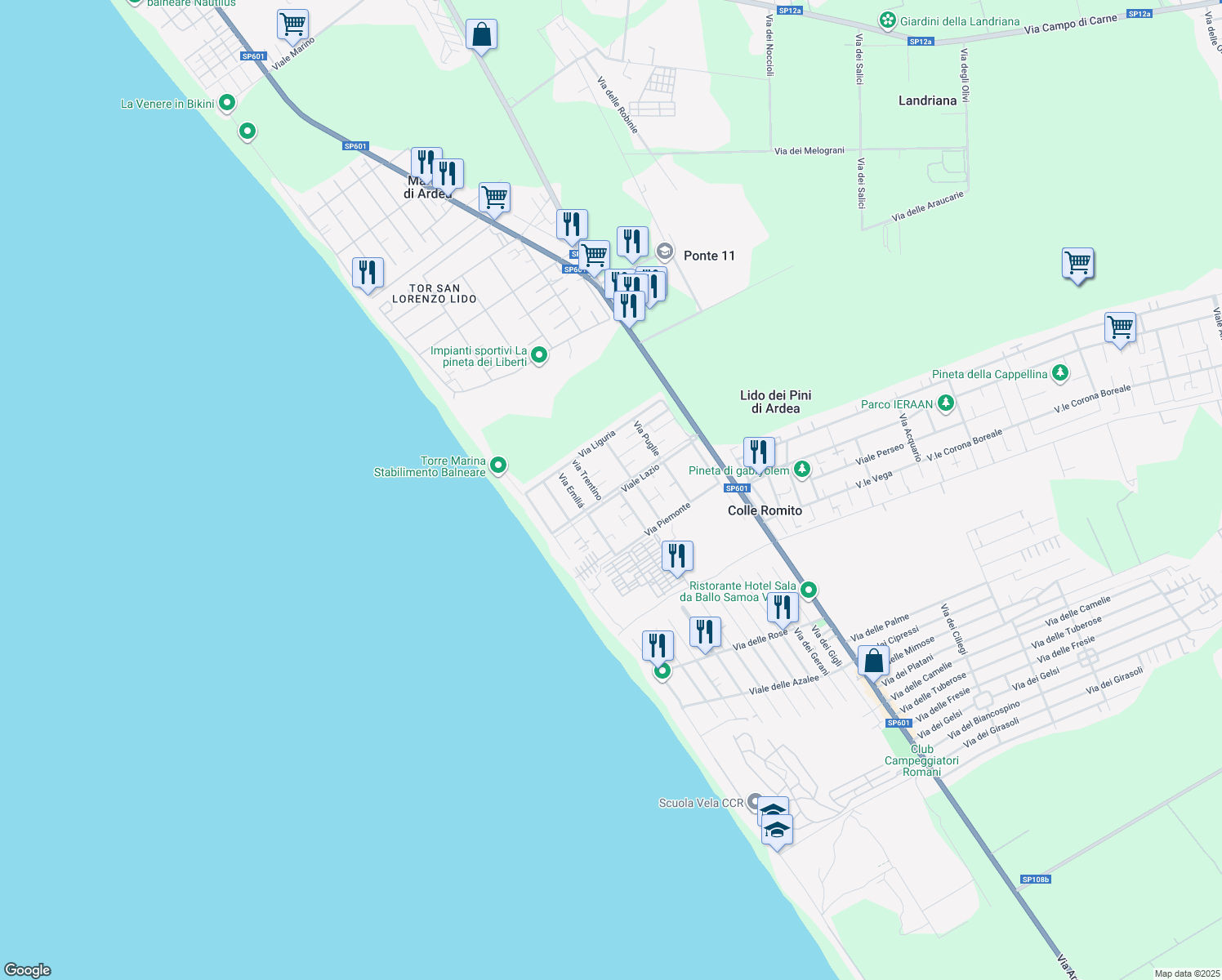 map of restaurants, bars, coffee shops, grocery stores, and more near 34 Viale Lazio in Marina di Ardea
