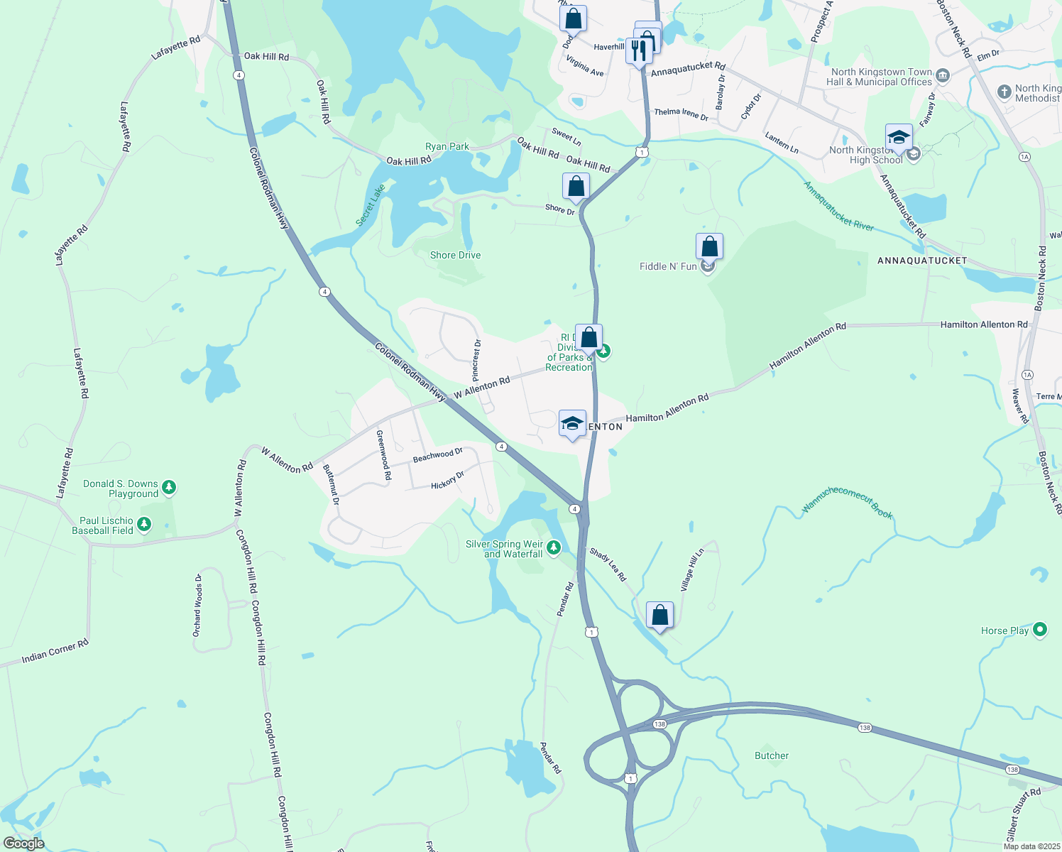 map of restaurants, bars, coffee shops, grocery stores, and more near 79 Ricci Ln in North Kingstown