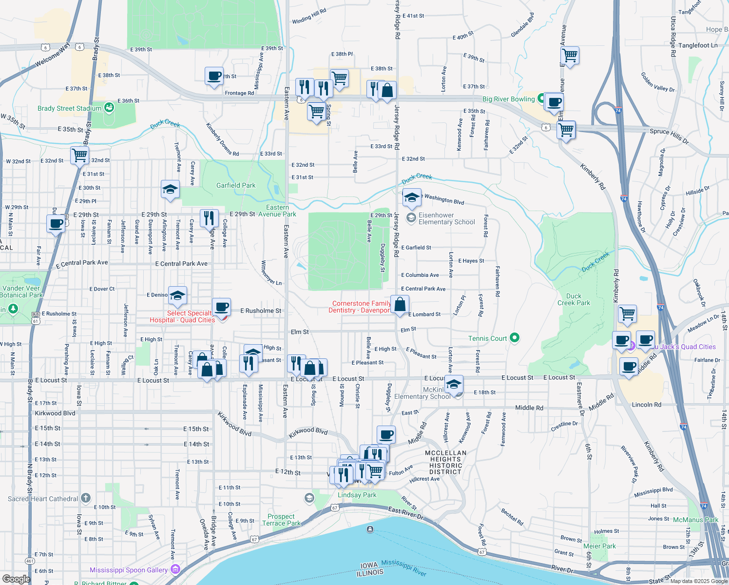 map of restaurants, bars, coffee shops, grocery stores, and more near 2420 Belle Avenue in Davenport