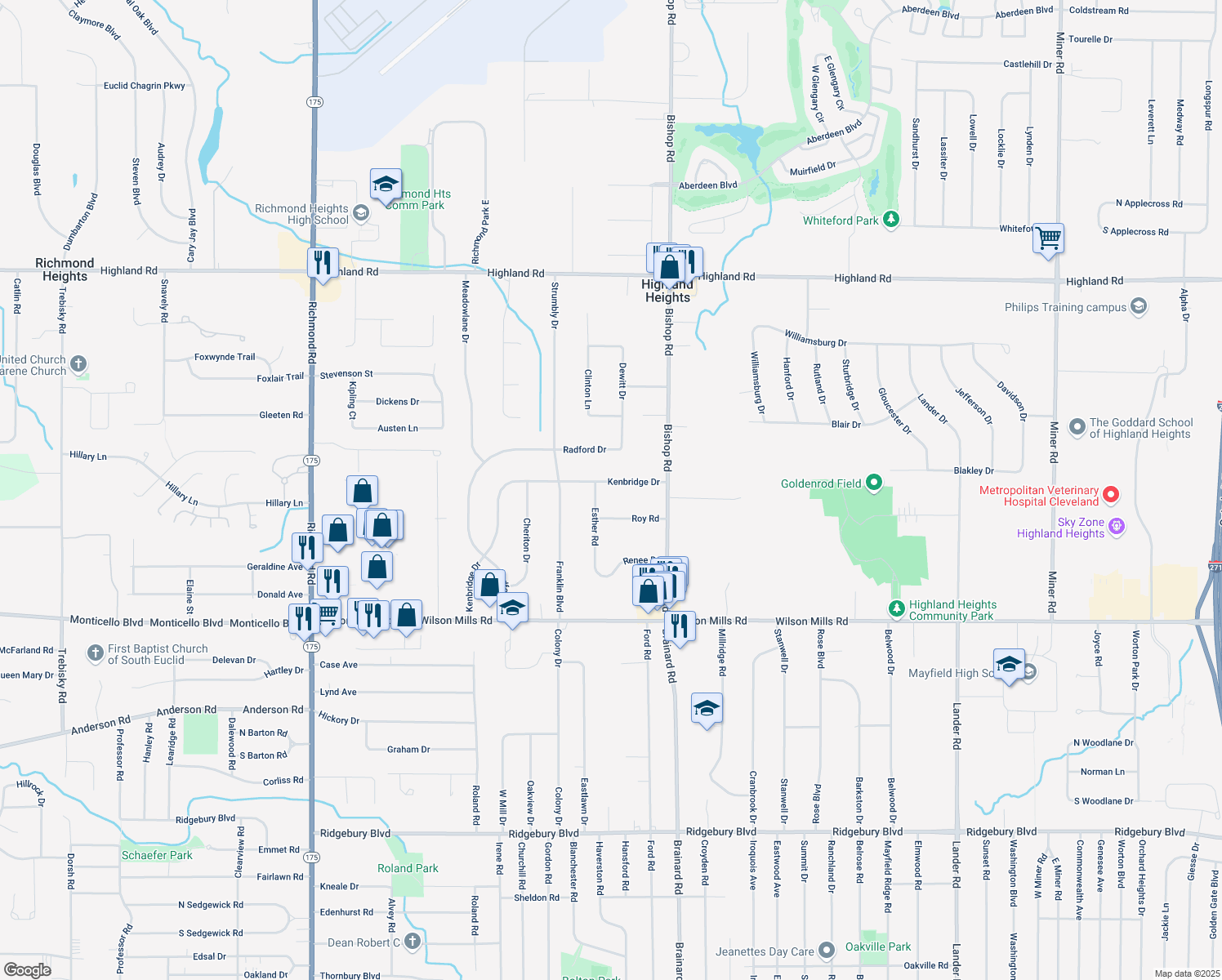 map of restaurants, bars, coffee shops, grocery stores, and more near 5492 Kenbridge Drive in Highland Heights