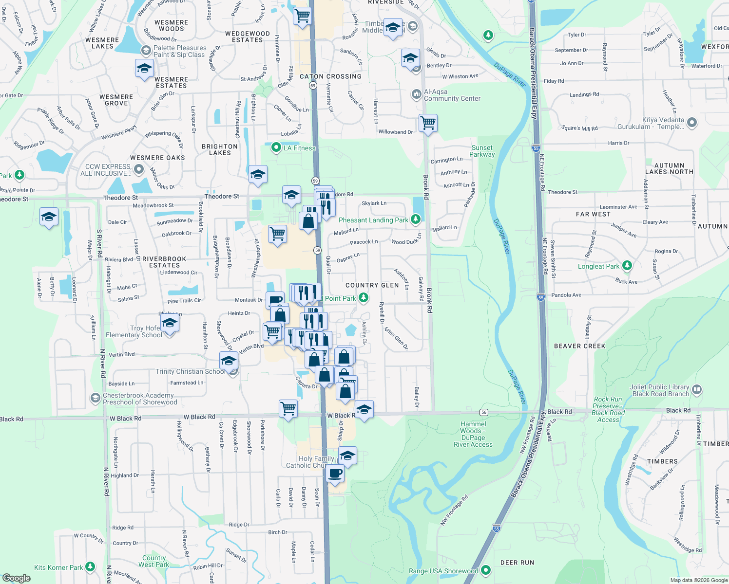 map of restaurants, bars, coffee shops, grocery stores, and more near 4605 Bluejay Lane in Plainfield