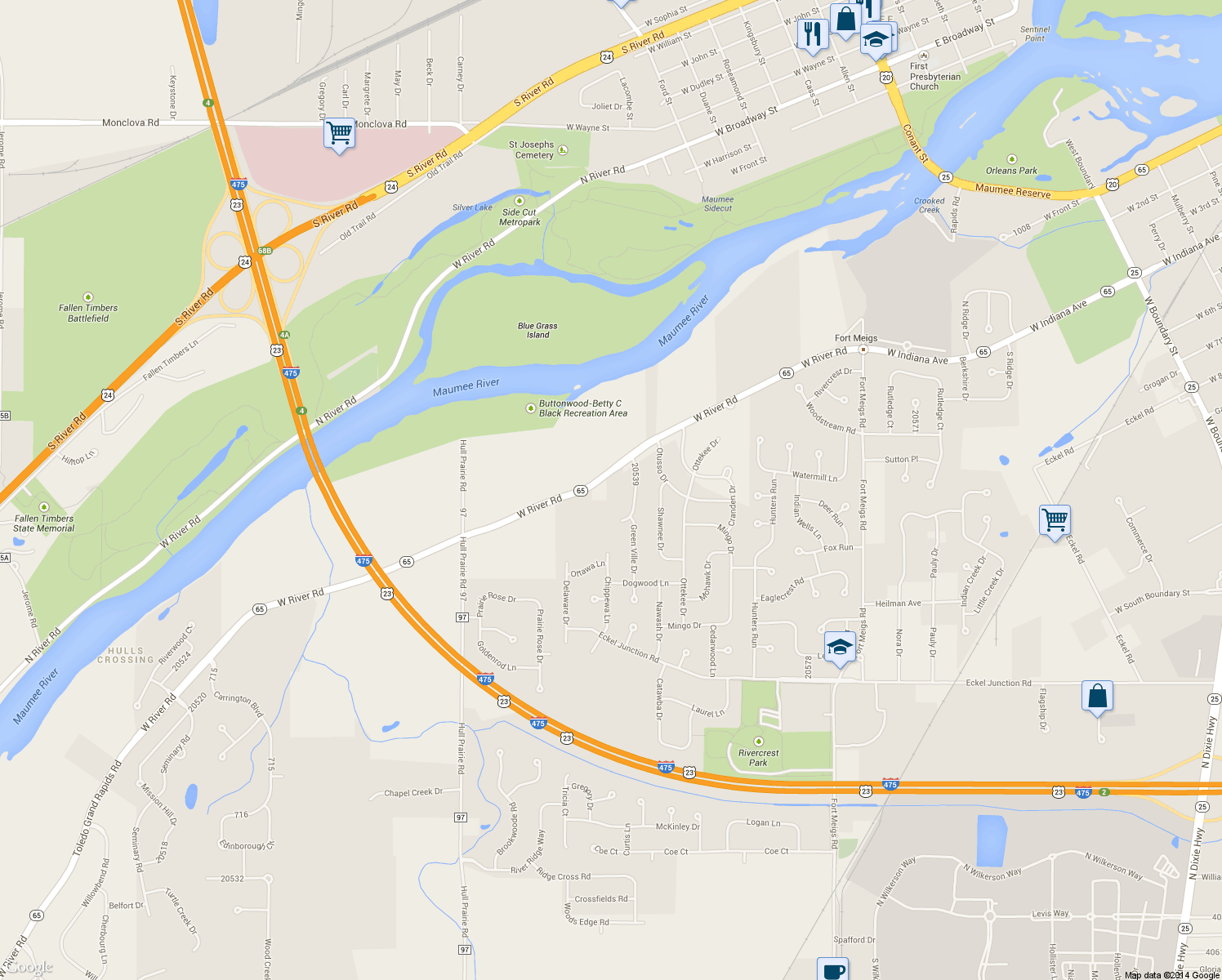 map of restaurants, bars, coffee shops, grocery stores, and more near 27050 W River Rd in Perrysburg