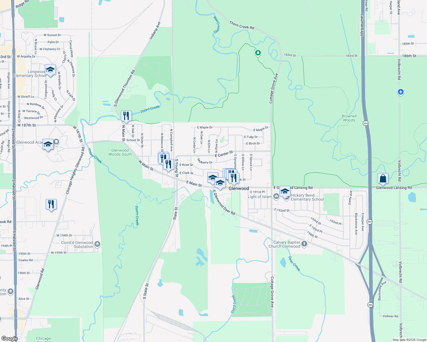 map of restaurants, bars, coffee shops, grocery stores, and more near 222 East Rose Street in Glenwood
