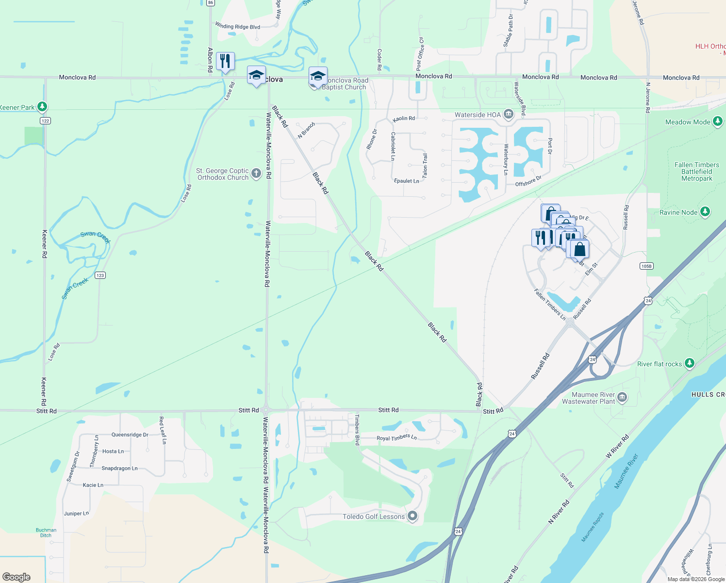 map of restaurants, bars, coffee shops, grocery stores, and more near 5218 Black Rd in Waterville