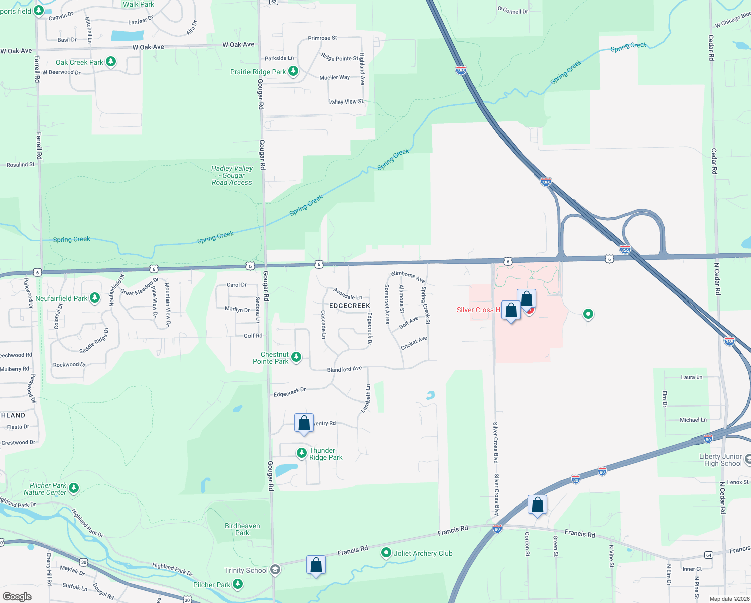map of restaurants, bars, coffee shops, grocery stores, and more near 3506 Edgecreek Dr in New Lenox