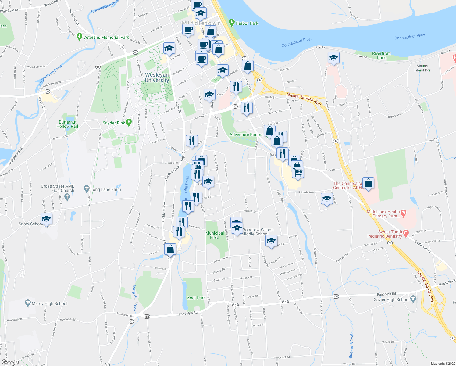 map of restaurants, bars, coffee shops, grocery stores, and more near 116 Schuyler Ave in Middletown