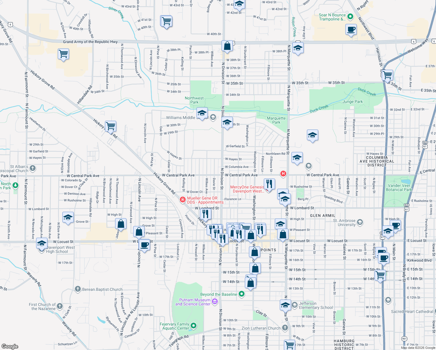 map of restaurants, bars, coffee shops, grocery stores, and more near 1708 West Central Park Avenue in Davenport