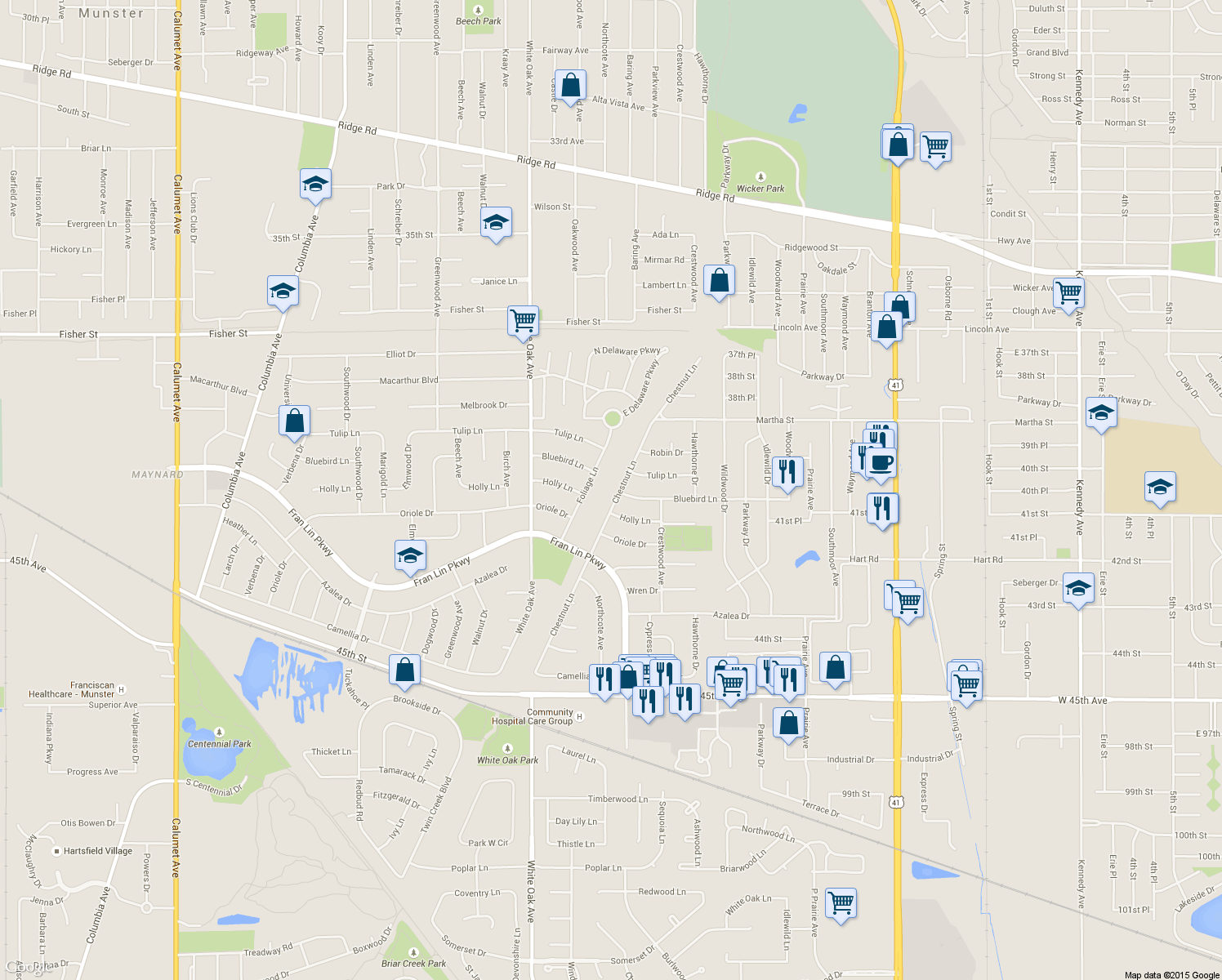 map of restaurants, bars, coffee shops, grocery stores, and more near 9244 Chestnut Ln in Munster