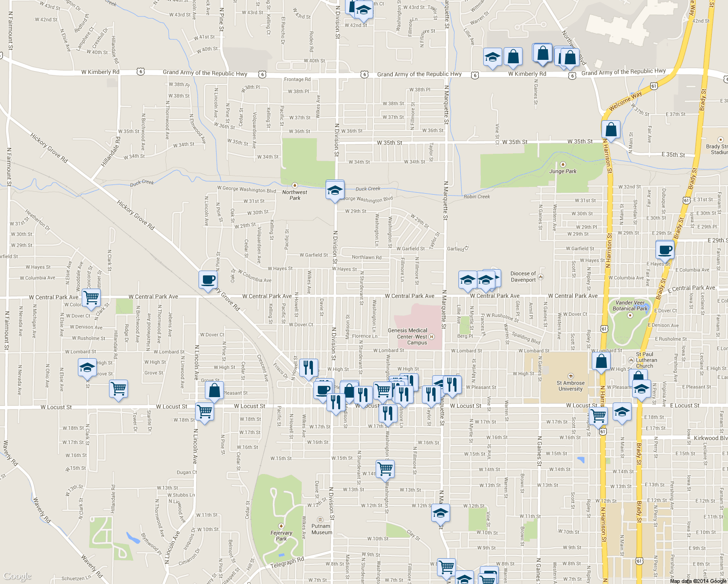 map of restaurants, bars, coffee shops, grocery stores, and more near 2605 North Sturdevant Street in Davenport