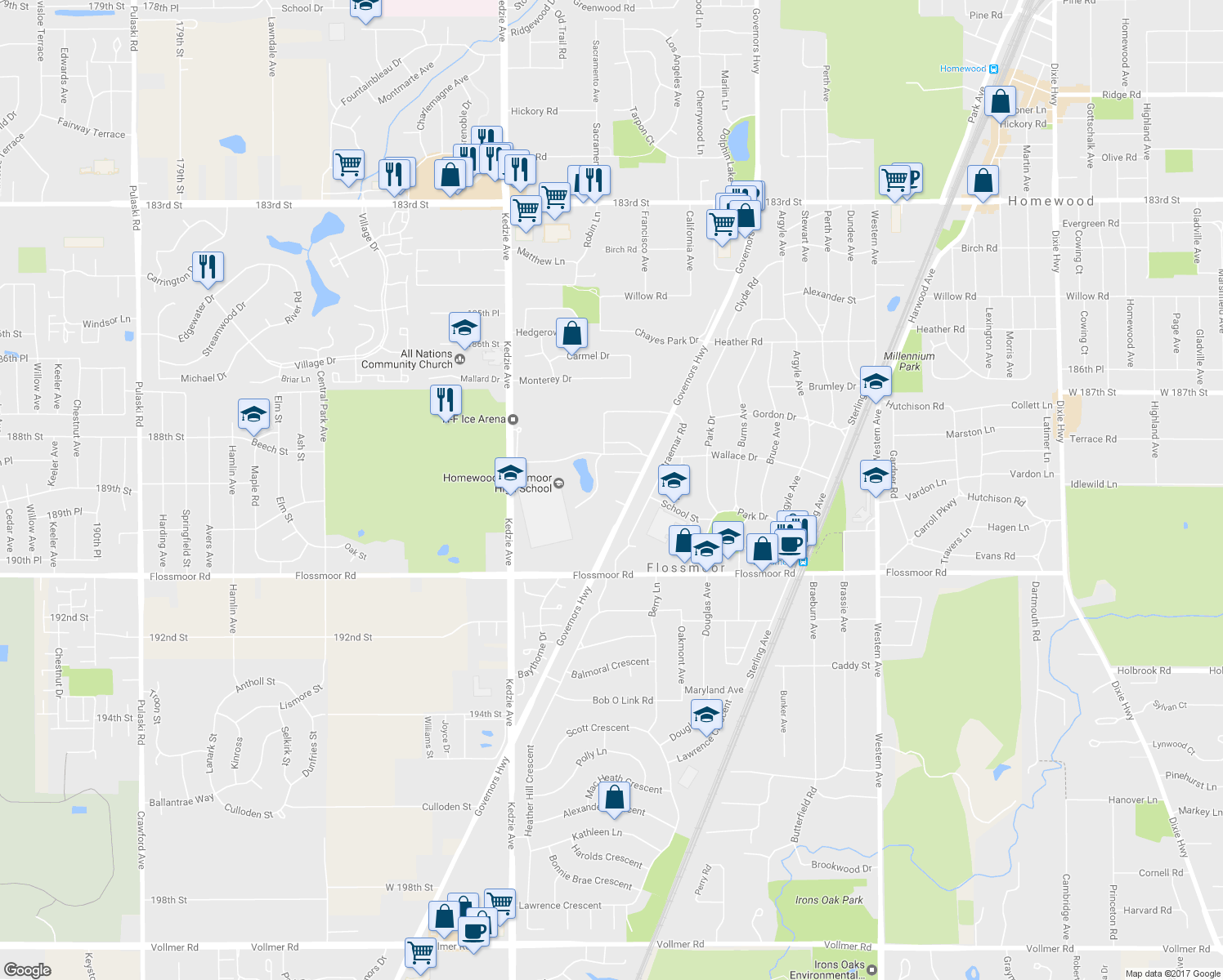 map of restaurants, bars, coffee shops, grocery stores, and more near 2933 Embassy Row in Flossmoor