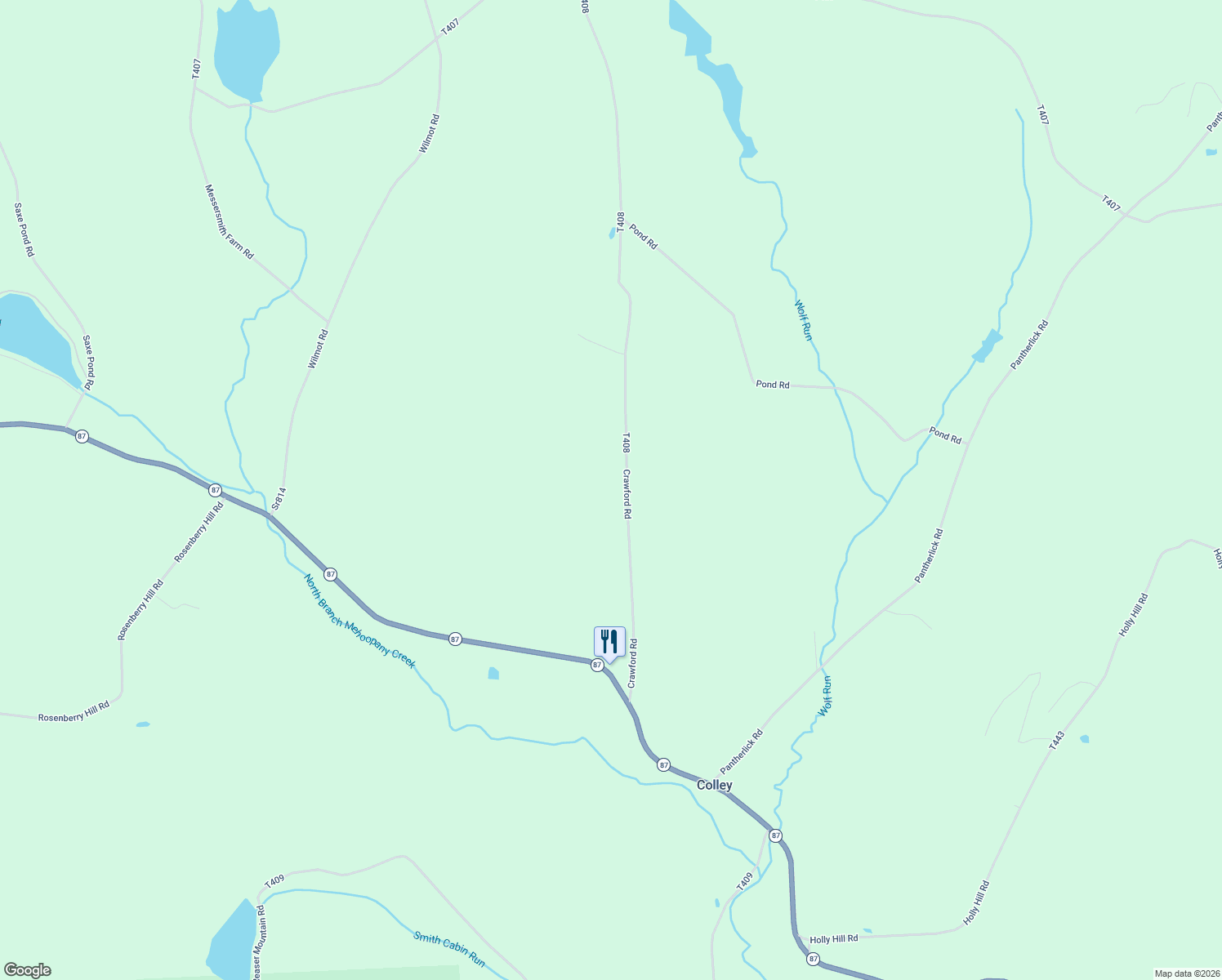 map of restaurants, bars, coffee shops, grocery stores, and more near 272 Crawford Road in Dushore