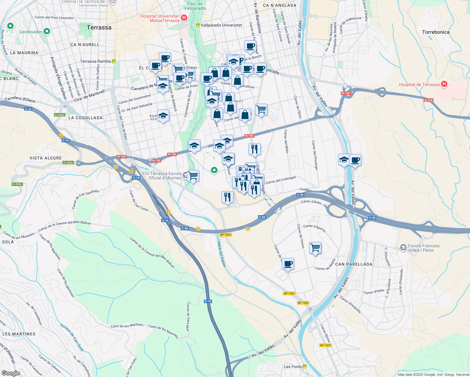 map of restaurants, bars, coffee shops, grocery stores, and more near 85 Avinguda de Can Jofresa in Terrassa