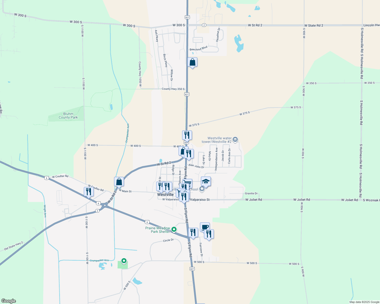 map of restaurants, bars, coffee shops, grocery stores, and more near 1 Parkman Drive in Westville