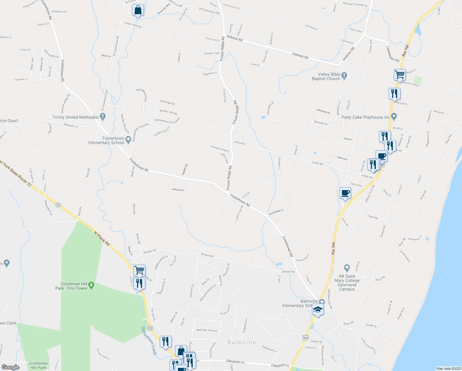map of restaurants, bars, coffee shops, grocery stores, and more near 8 Frozen Ridge Road in Newburgh