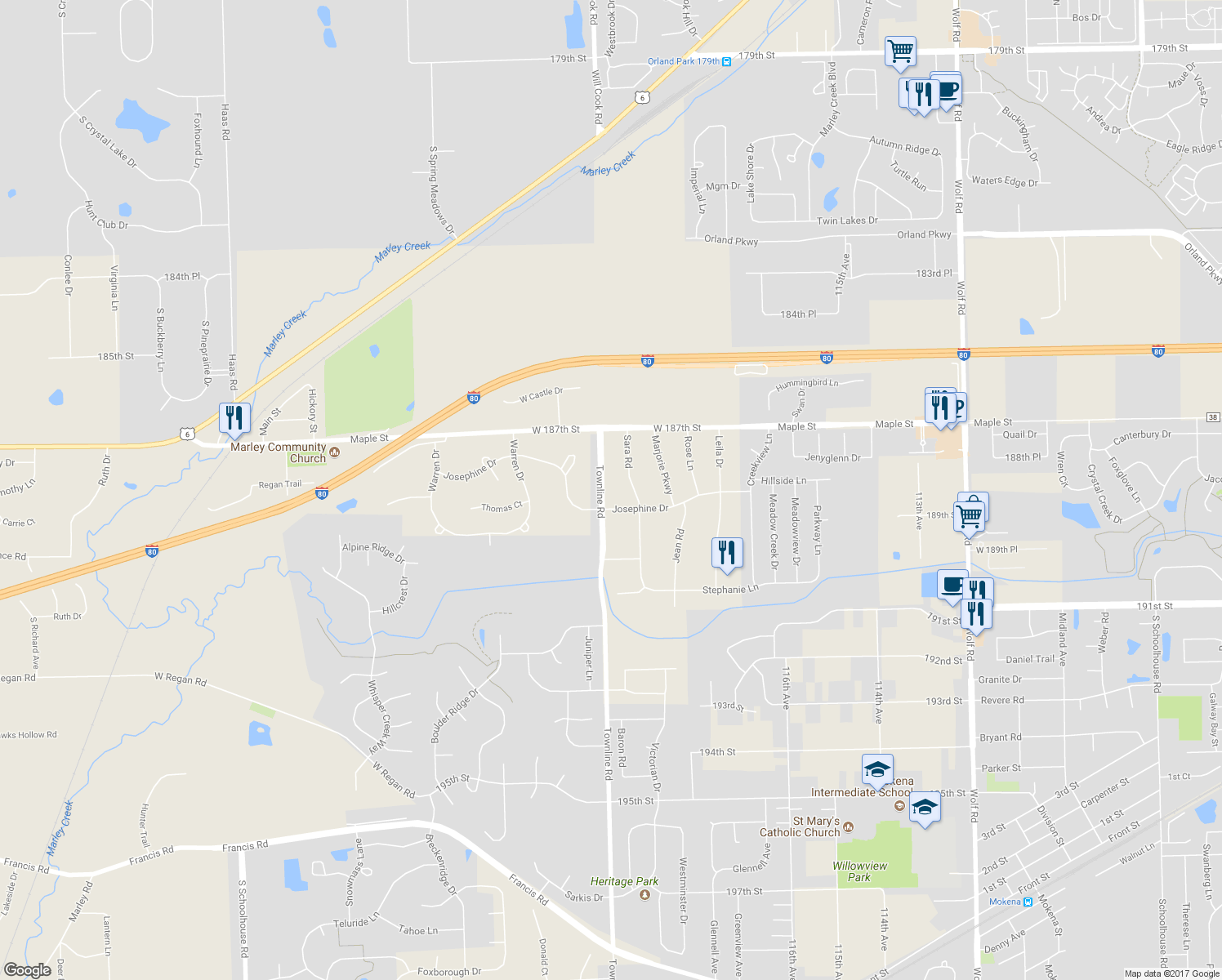 map of restaurants, bars, coffee shops, grocery stores, and more near 18815 Townline Road in Mokena