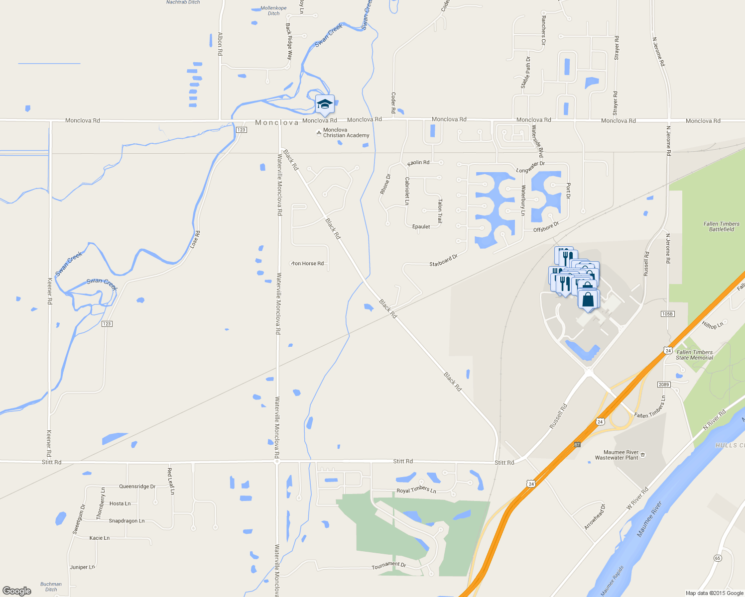 map of restaurants, bars, coffee shops, grocery stores, and more near 5002 Black Rd in Waterville