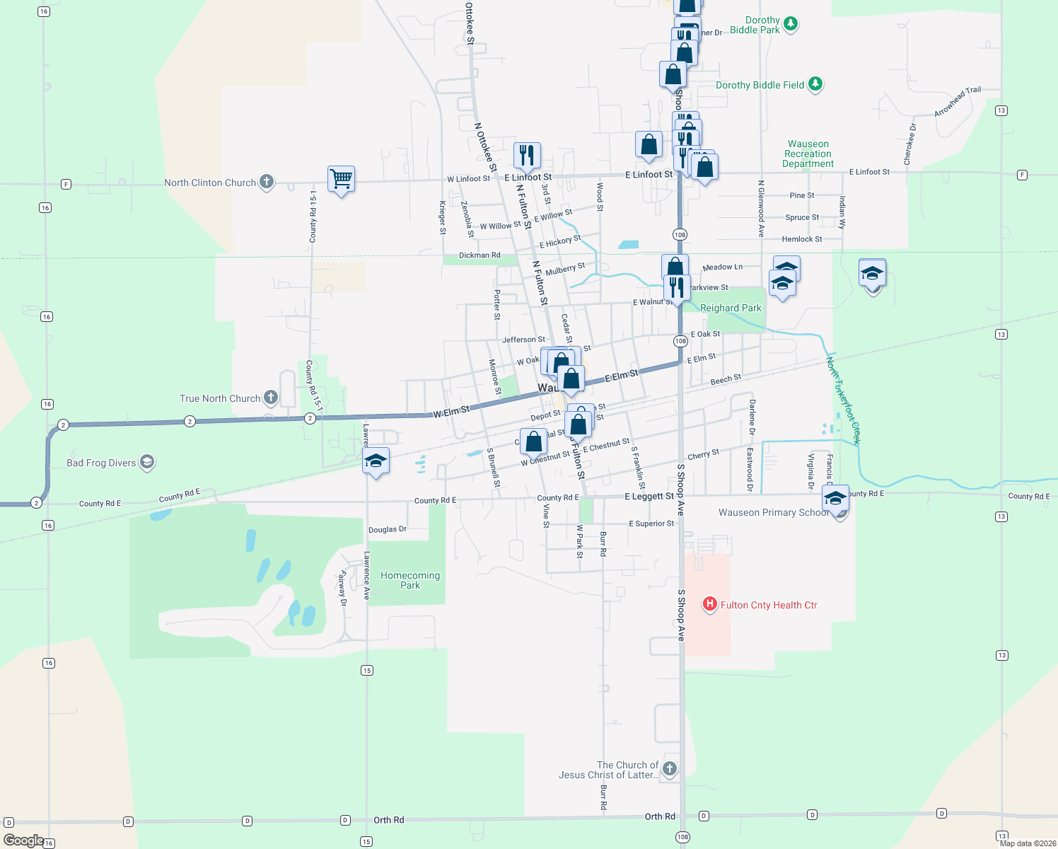 map of restaurants, bars, coffee shops, grocery stores, and more near 263 Commercial in Wauseon