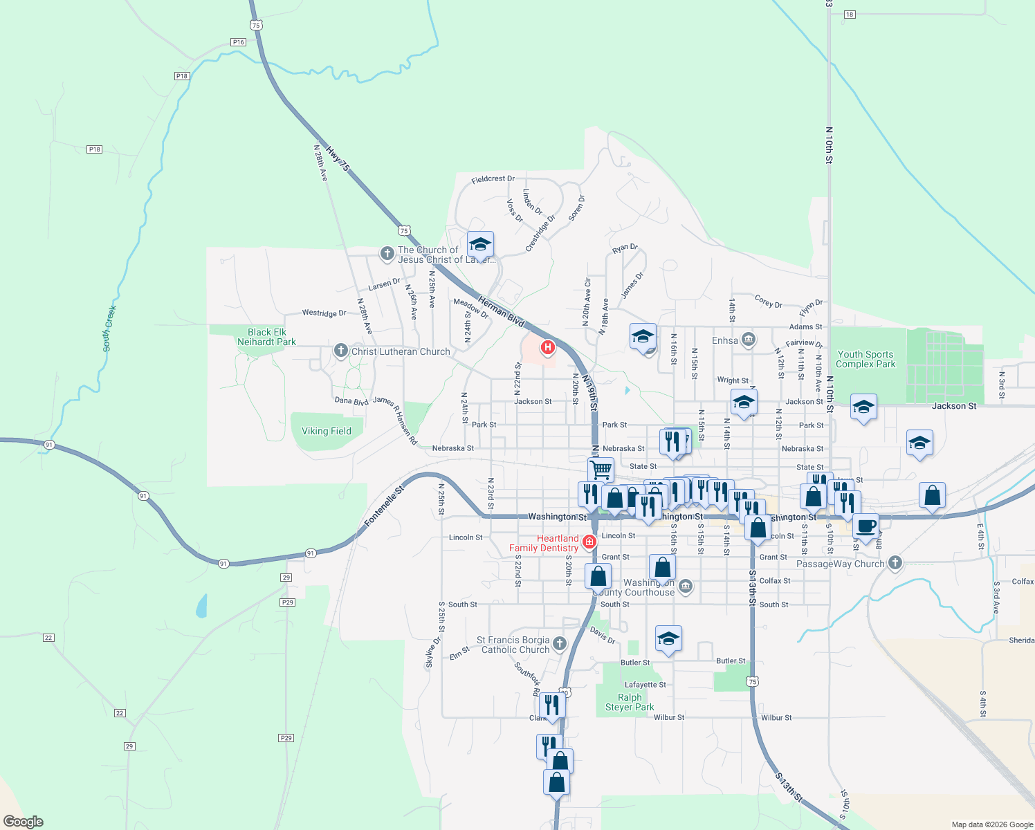 map of restaurants, bars, coffee shops, grocery stores, and more near 540 North 22nd Street in Blair