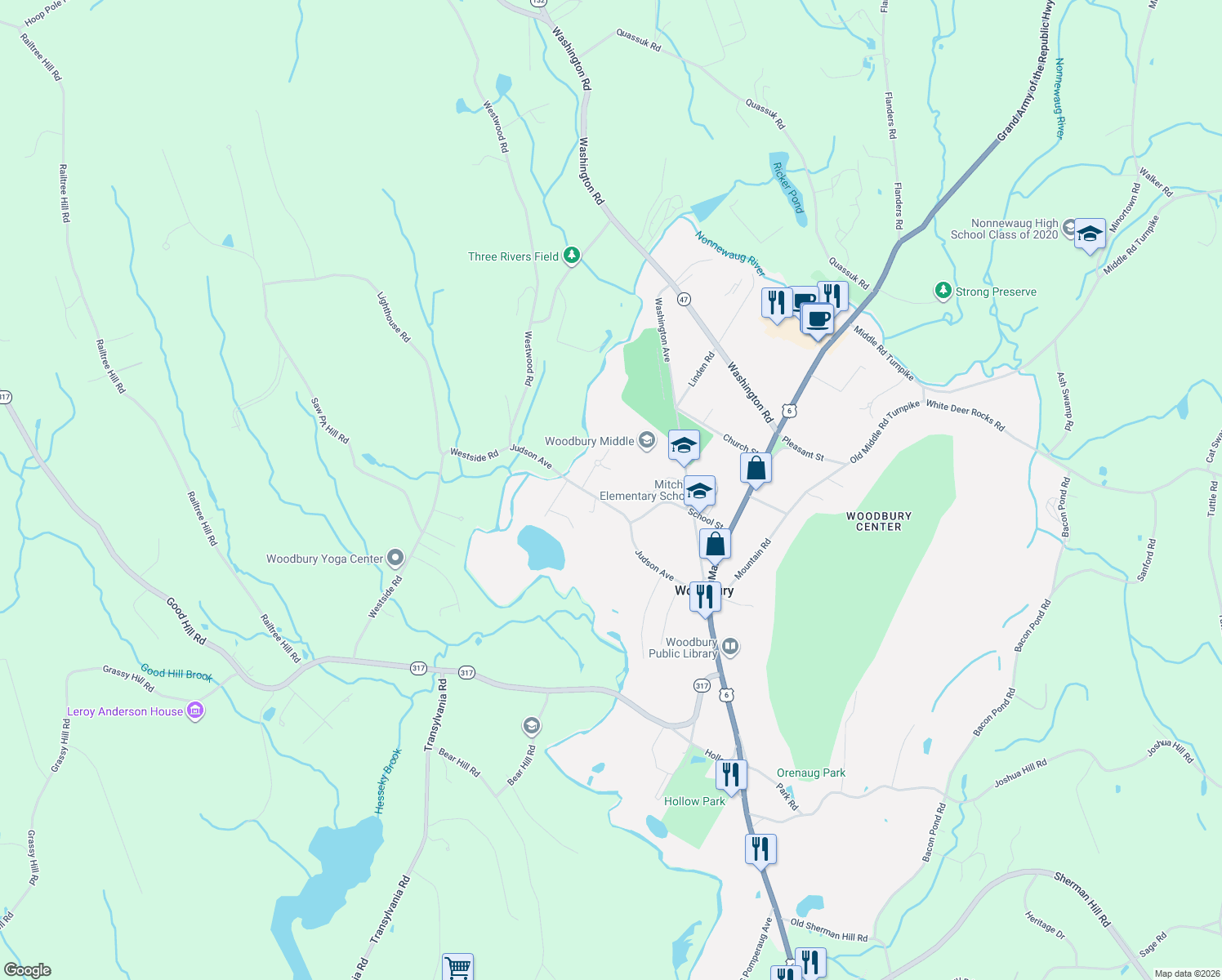 map of restaurants, bars, coffee shops, grocery stores, and more near 82 Judson Ave in Woodbury