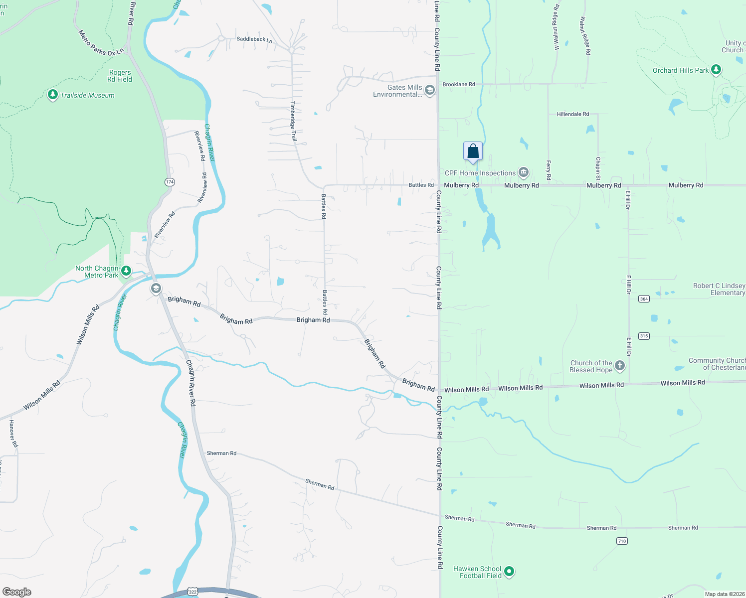 map of restaurants, bars, coffee shops, grocery stores, and more near 7783 Brigham Road in Gates Mills