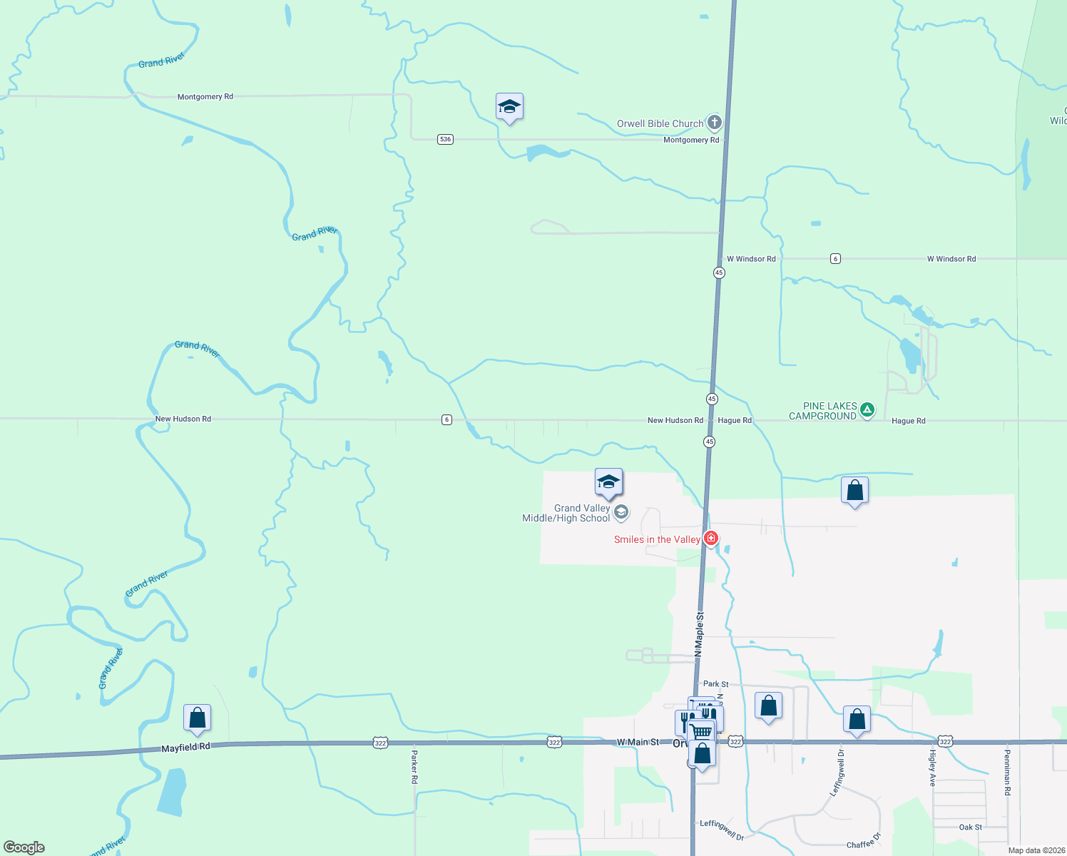 map of restaurants, bars, coffee shops, grocery stores, and more near 3554 New Hudson Road in Orwell