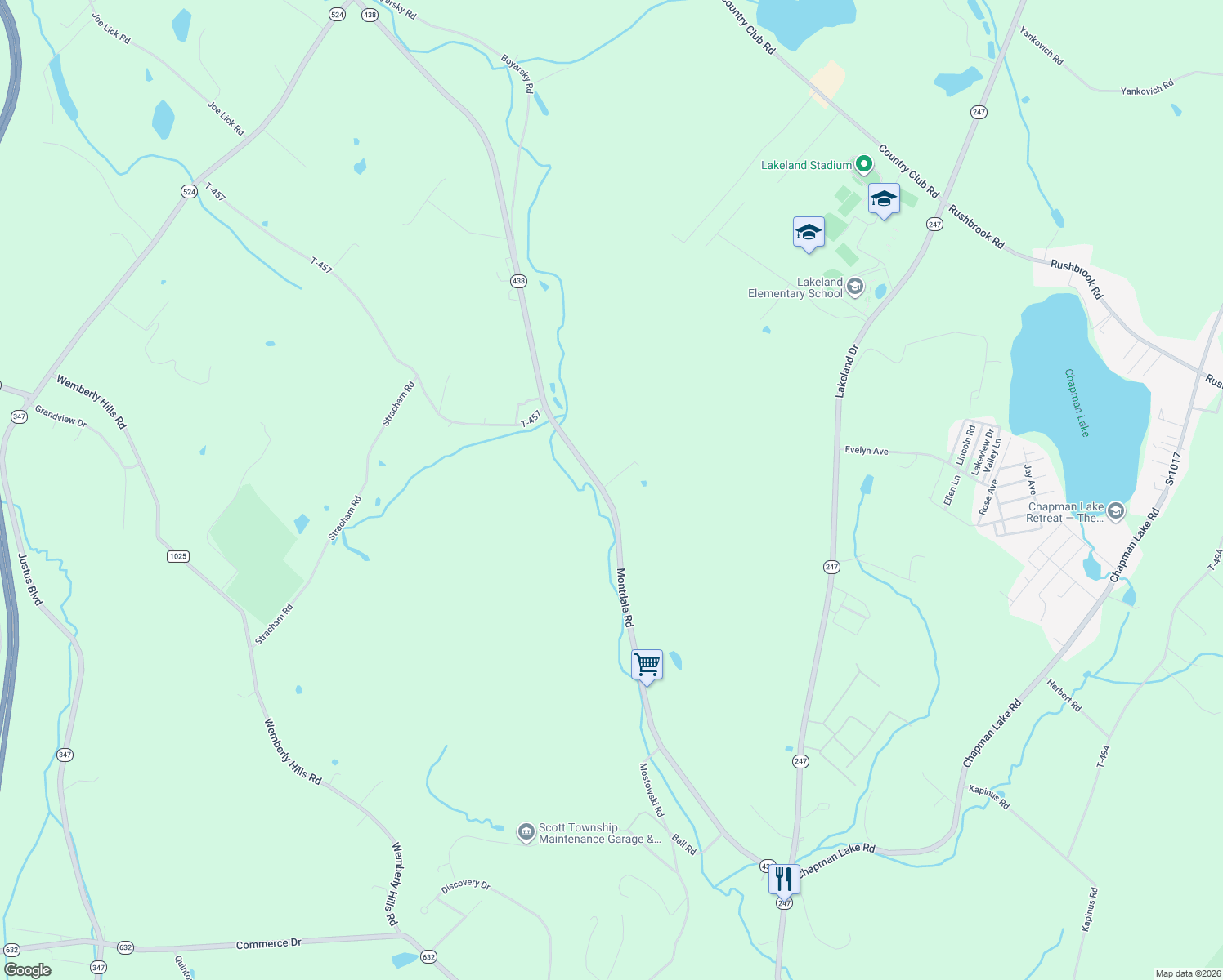map of restaurants, bars, coffee shops, grocery stores, and more near Montdale Road in Olyphant