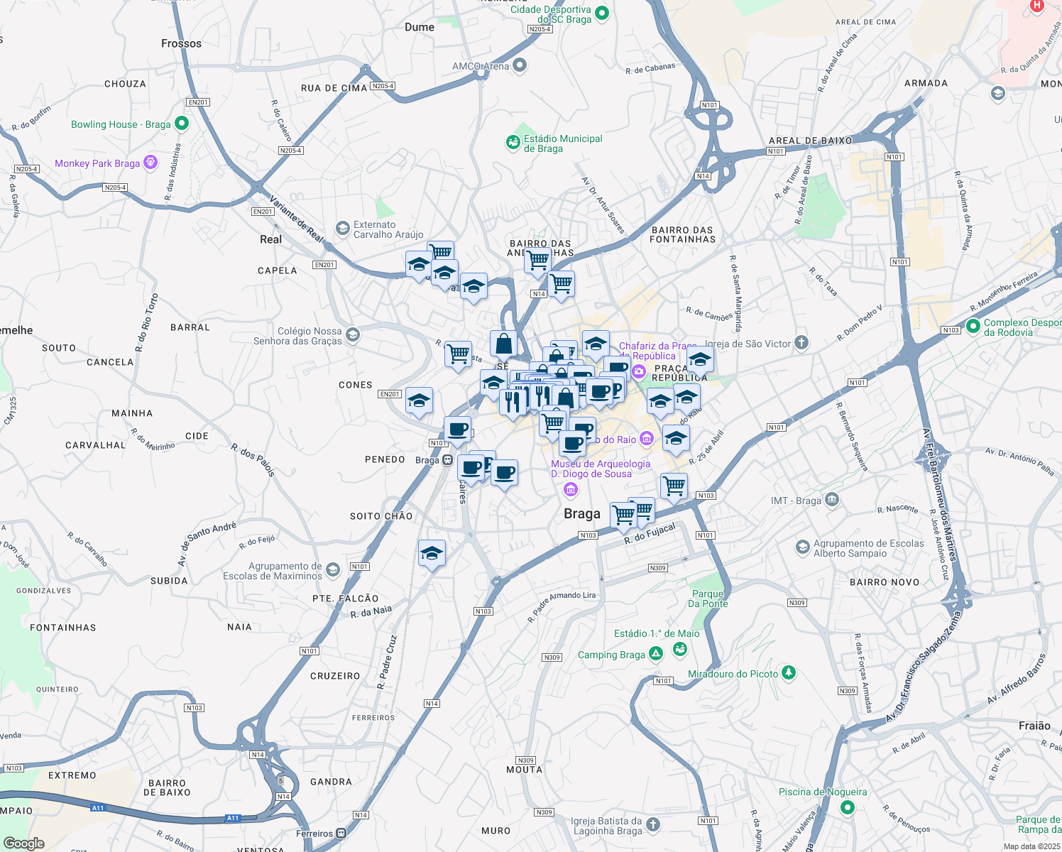 map of restaurants, bars, coffee shops, grocery stores, and more near 4 Rua Visconde de Pindela in Braga