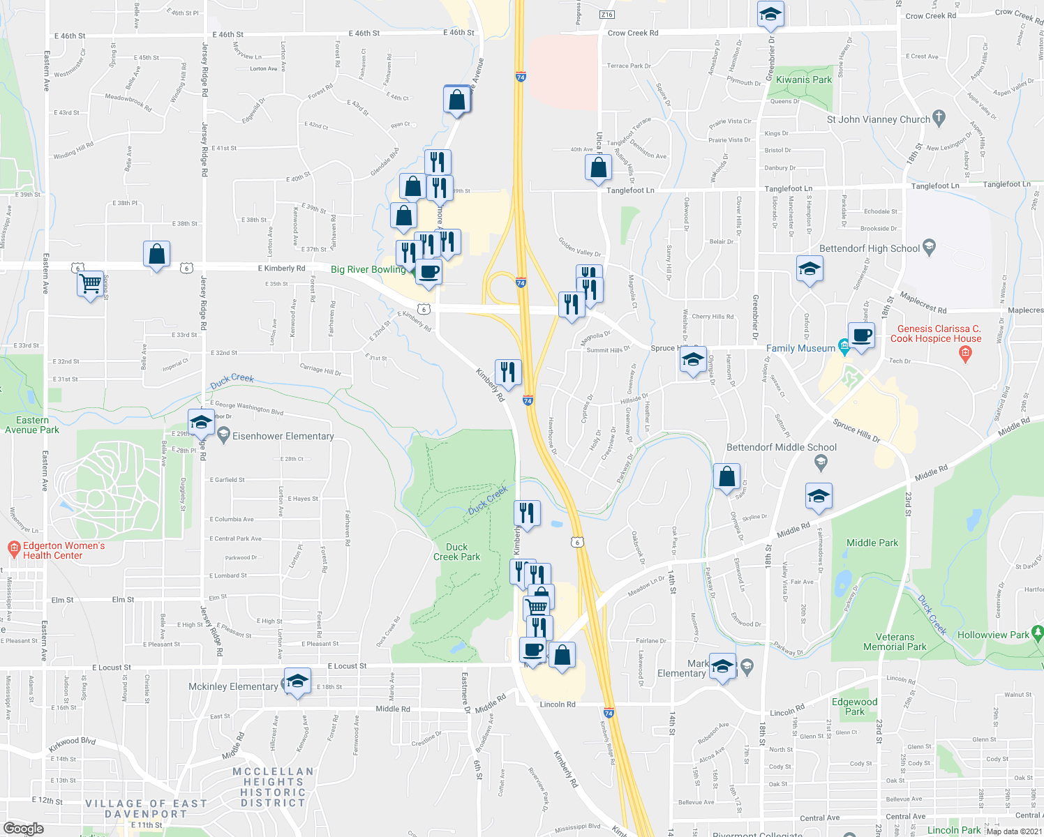 map of restaurants, bars, coffee shops, grocery stores, and more near 2705 Kimberly Road in Bettendorf